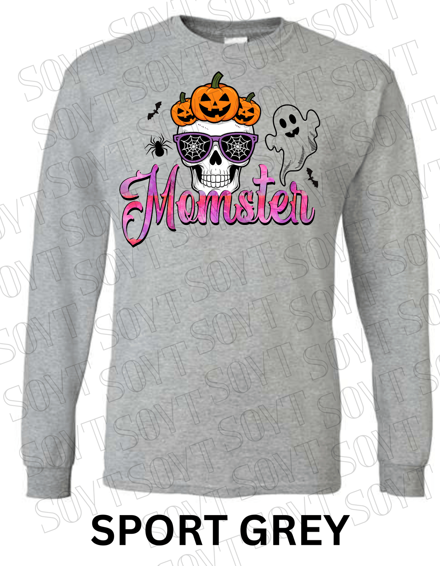 "Momster" Halloween Long Sleeve Shirt – Skull, Pumpkins & Ghost Graphic Tee for Spooky Moms - Festive Apparel StoreSport Grey