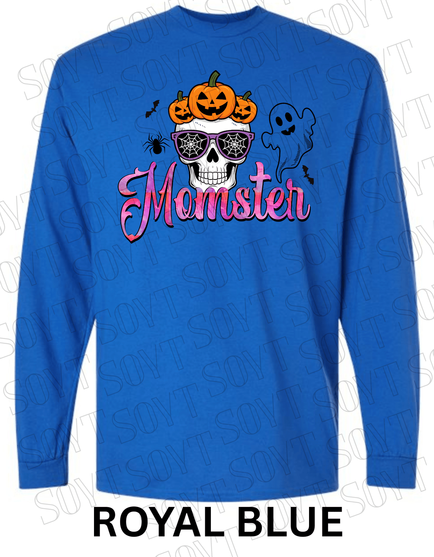 "Momster" Halloween Long Sleeve Shirt – Skull, Pumpkins & Ghost Graphic Tee for Spooky Moms - Festive Apparel StoreRoyal Blue