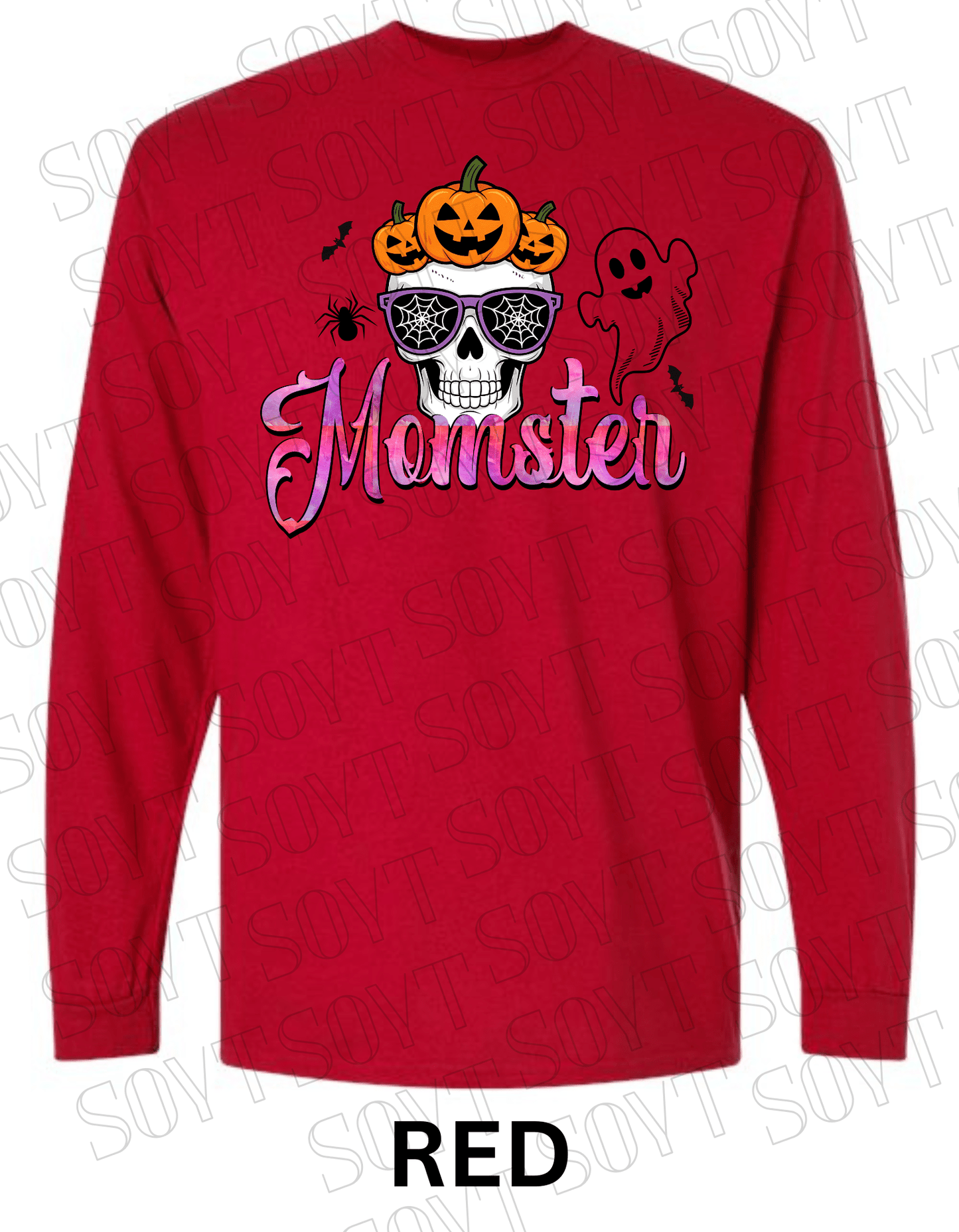 "Momster" Halloween Long Sleeve Shirt – Skull, Pumpkins & Ghost Graphic Tee for Spooky Moms - Festive Apparel StoreRed