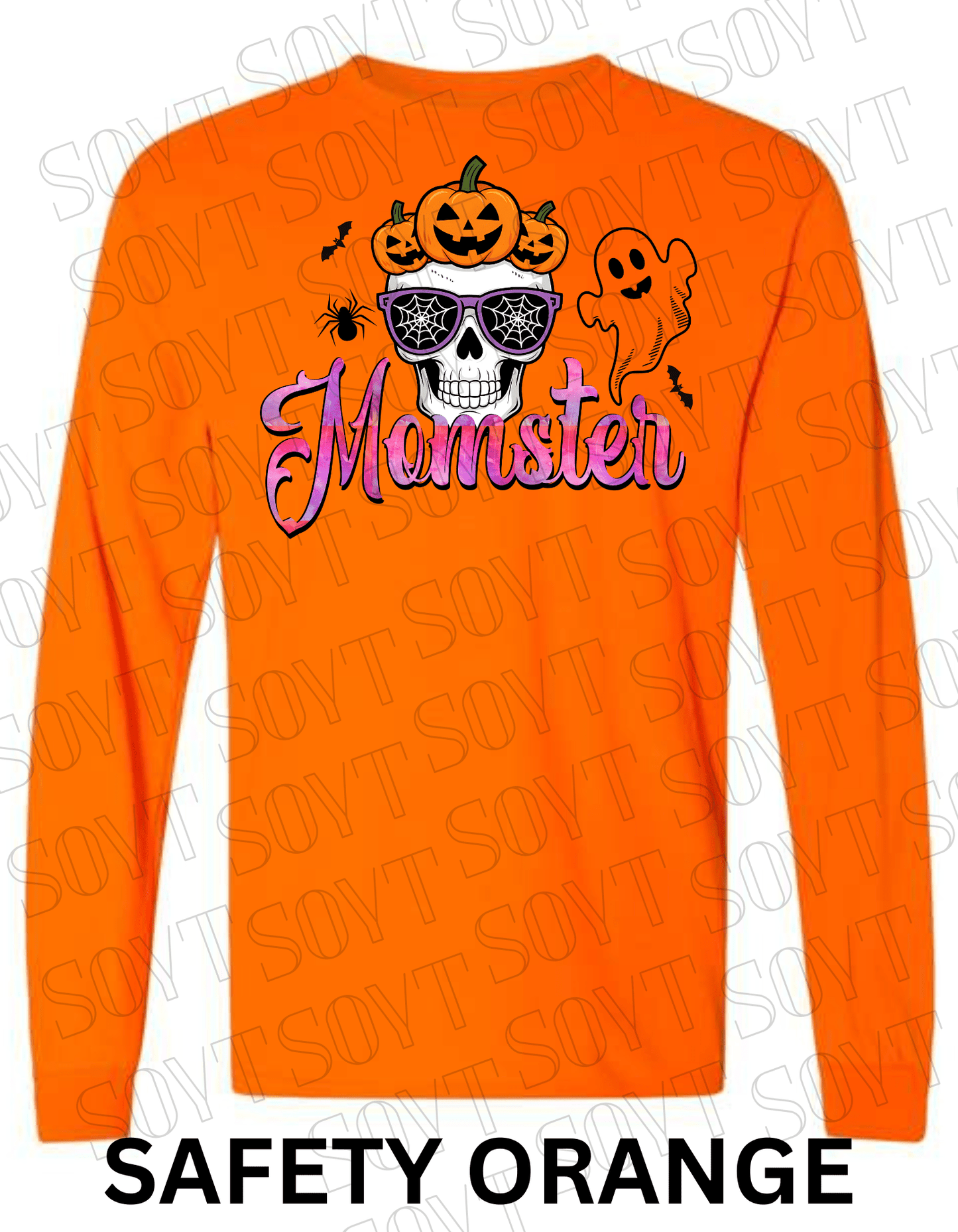 "Momster" Halloween Long Sleeve Shirt – Skull, Pumpkins & Ghost Graphic Tee for Spooky Moms - Festive Apparel StoreSafety Orange