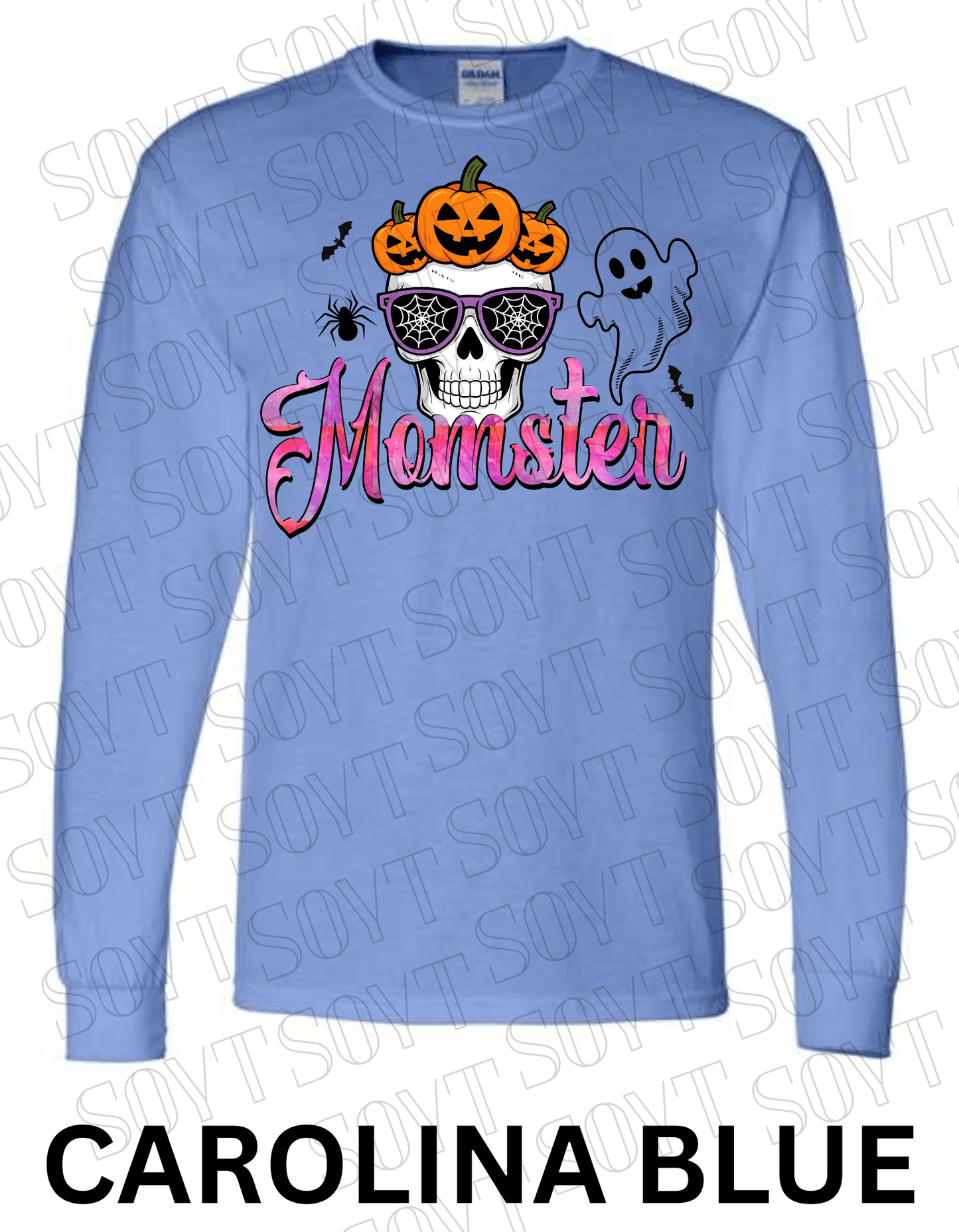 "Momster" Halloween Long Sleeve Shirt – Skull, Pumpkins & Ghost Graphic Tee for Spooky Moms - Festive Apparel StoreCarolina Blue