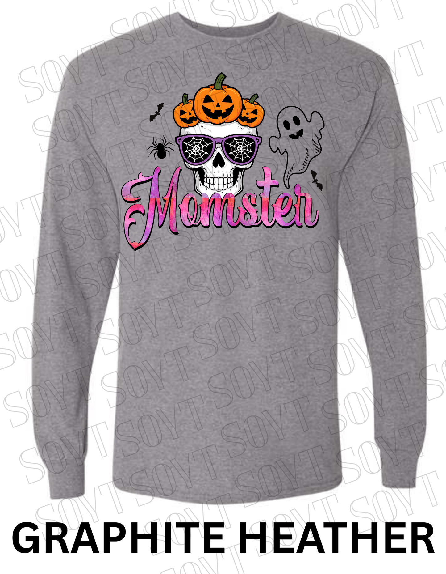 "Momster" Halloween Long Sleeve Shirt – Skull, Pumpkins & Ghost Graphic Tee for Spooky Moms - Festive Apparel StoreGraphite Heather