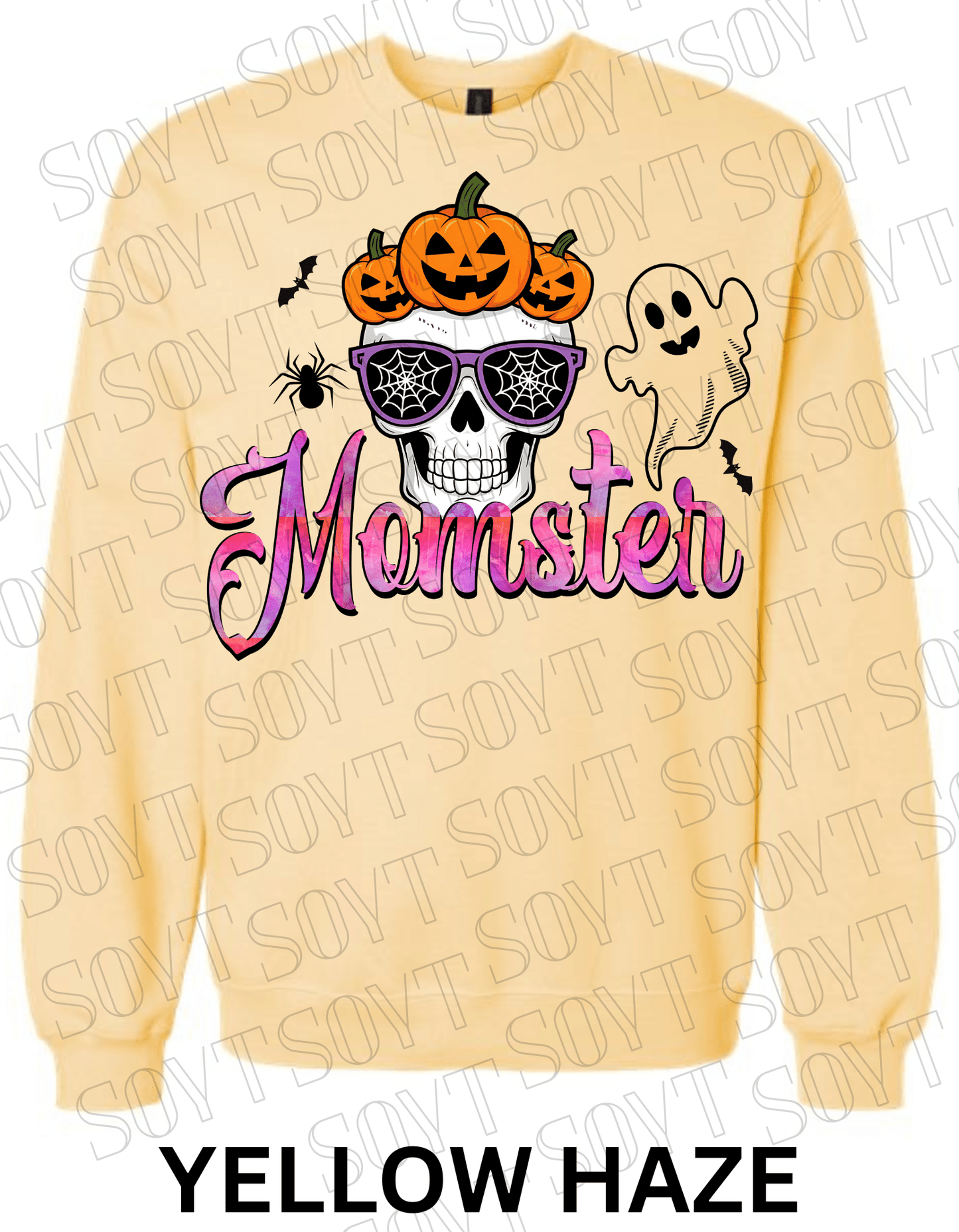 "Momster" Halloween Sweatshirt – Skull, Pumpkins, Ghost & Bat Graphic for Spooky Moms - Festive Apparel StoreYellow Haze