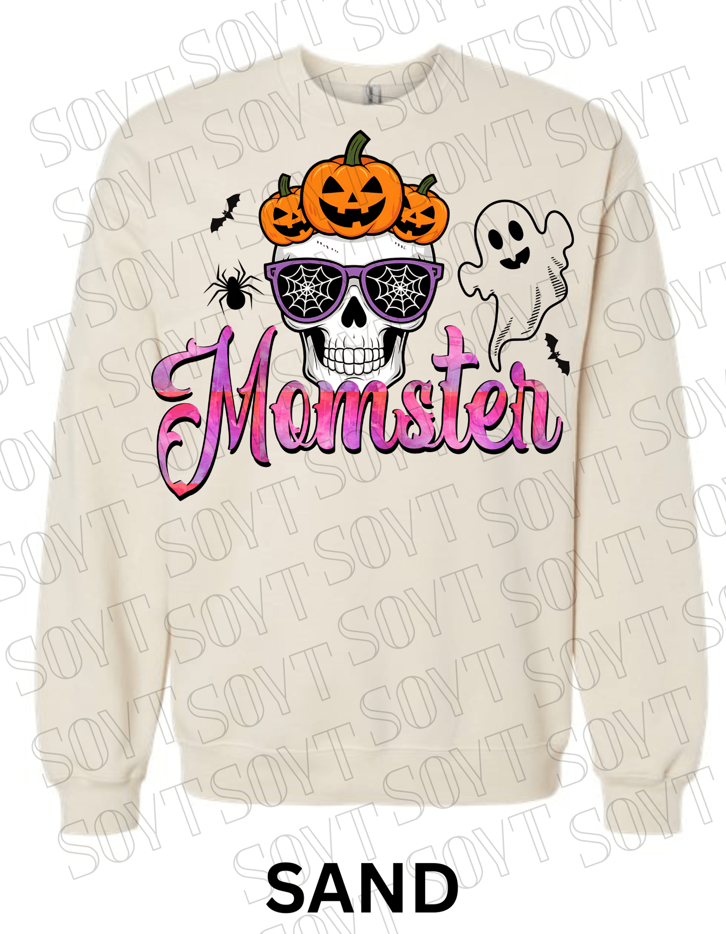 "Momster" Halloween Sweatshirt – Skull, Pumpkins, Ghost & Bat Graphic for Spooky Moms - Festive Apparel StoreSand