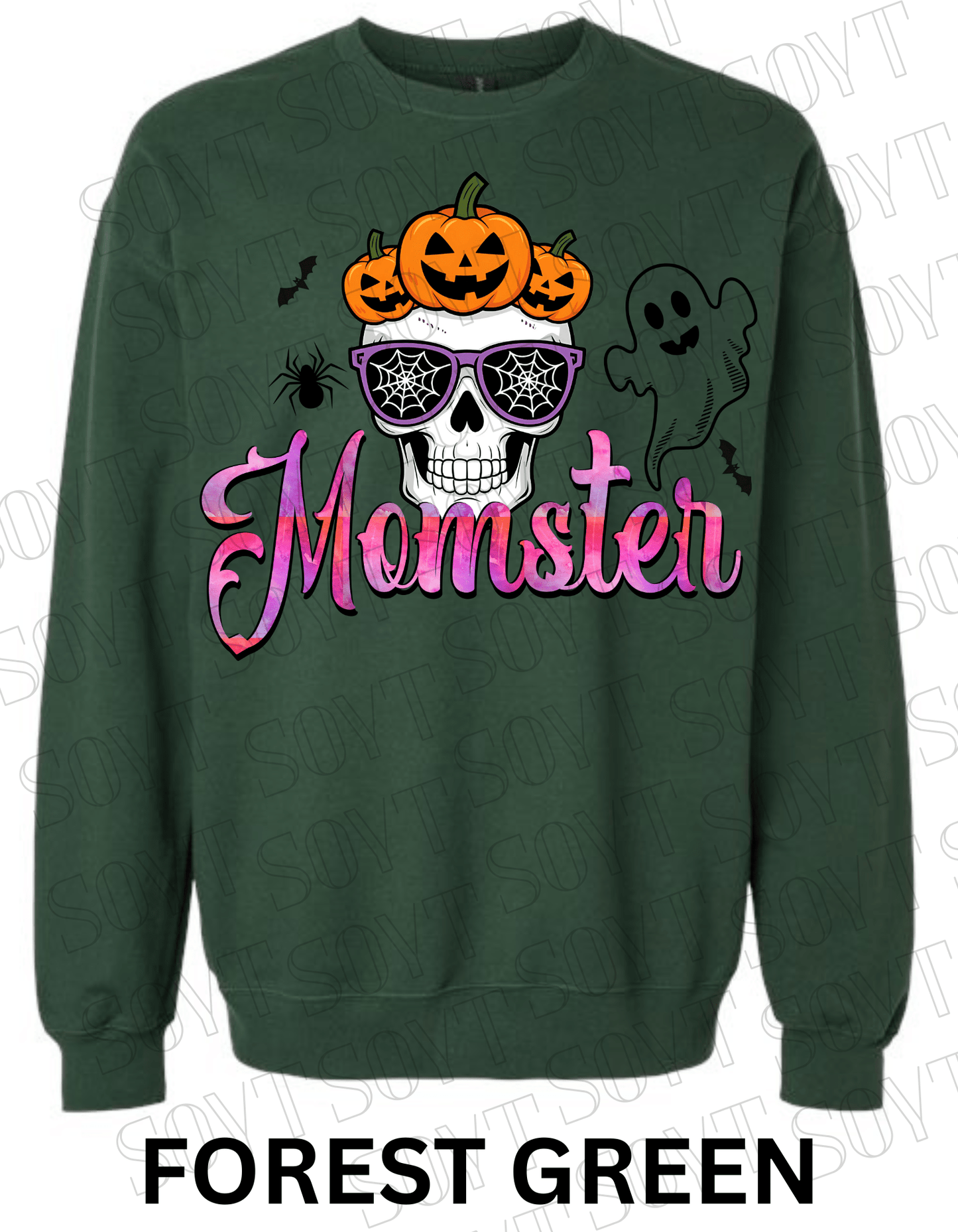 "Momster" Halloween Sweatshirt – Skull, Pumpkins, Ghost & Bat Graphic for Spooky Moms - Festive Apparel StoreForest Green