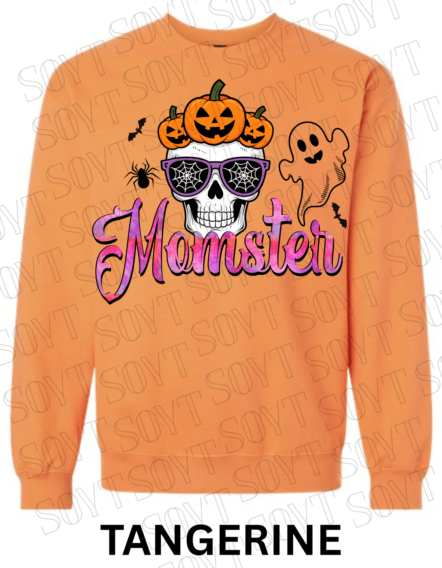"Momster" Halloween Sweatshirt – Skull, Pumpkins, Ghost & Bat Graphic for Spooky Moms - Festive Apparel StoreTangerine