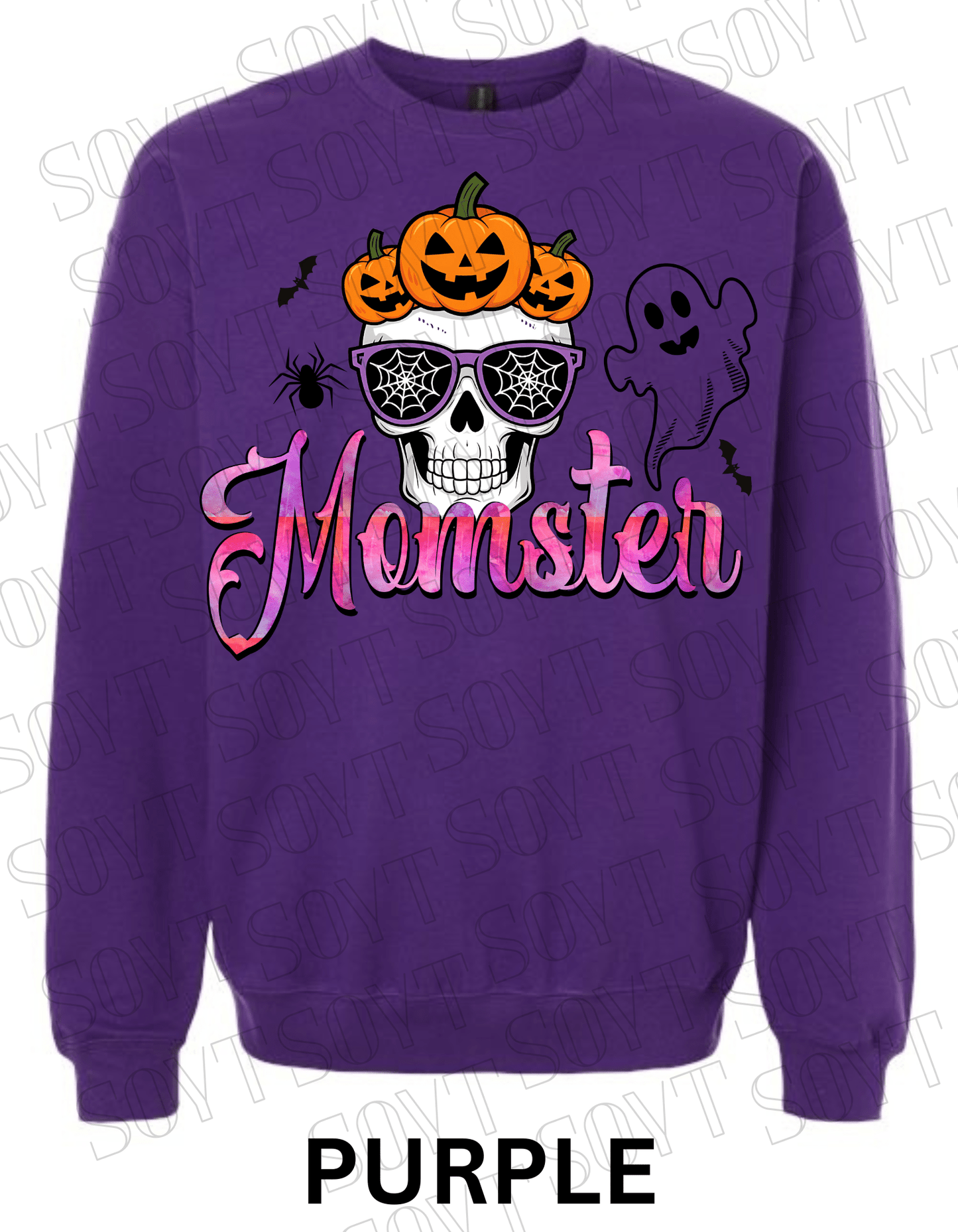 "Momster" Halloween Sweatshirt – Skull, Pumpkins, Ghost & Bat Graphic for Spooky Moms - Festive Apparel StorePurple