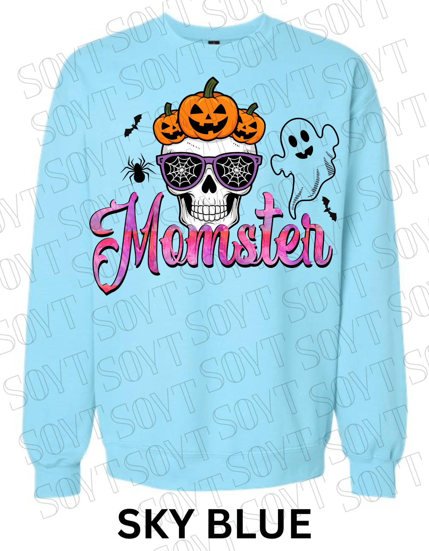 "Momster" Halloween Sweatshirt – Skull, Pumpkins, Ghost & Bat Graphic for Spooky Moms - Festive Apparel StoreSky Blue