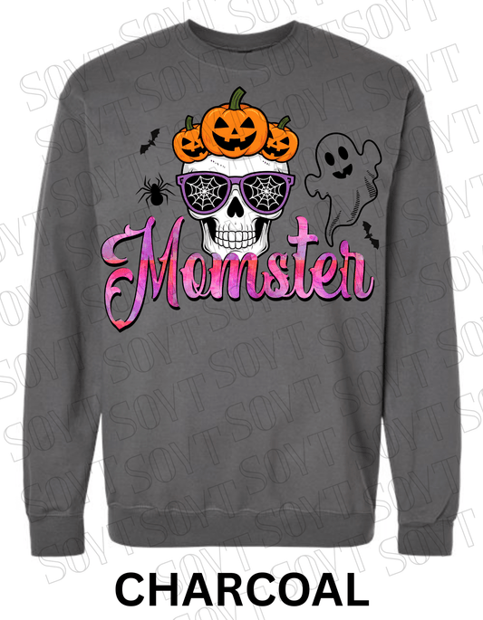 "Momster" Halloween Sweatshirt – Skull, Pumpkins, Ghost & Bat Graphic for Spooky Moms - Festive Apparel StoreCharcoal