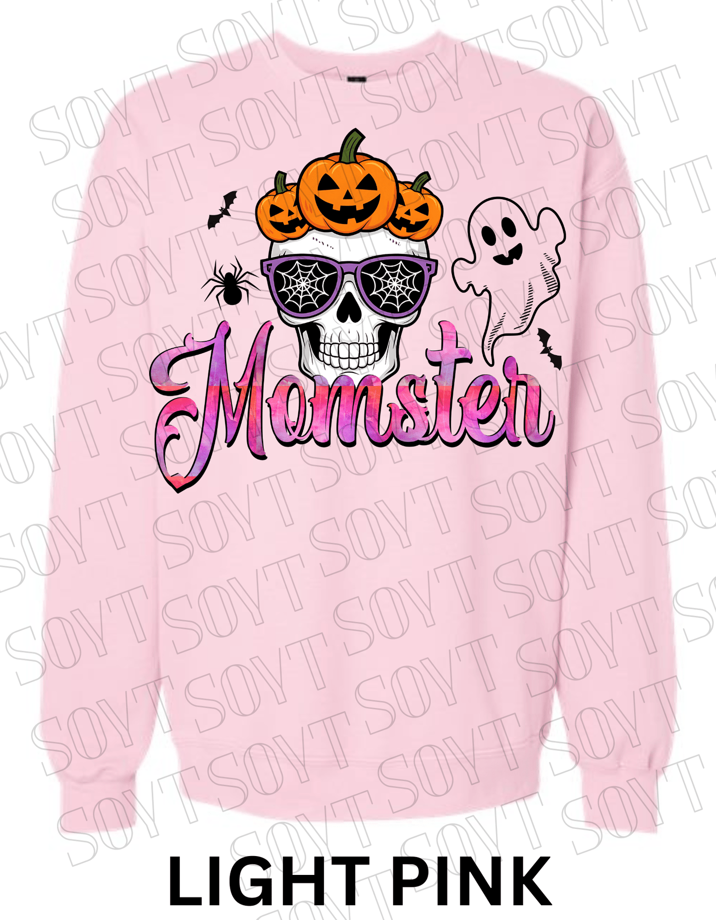 "Momster" Halloween Sweatshirt – Skull, Pumpkins, Ghost & Bat Graphic for Spooky Moms - Festive Apparel StoreLight Pink