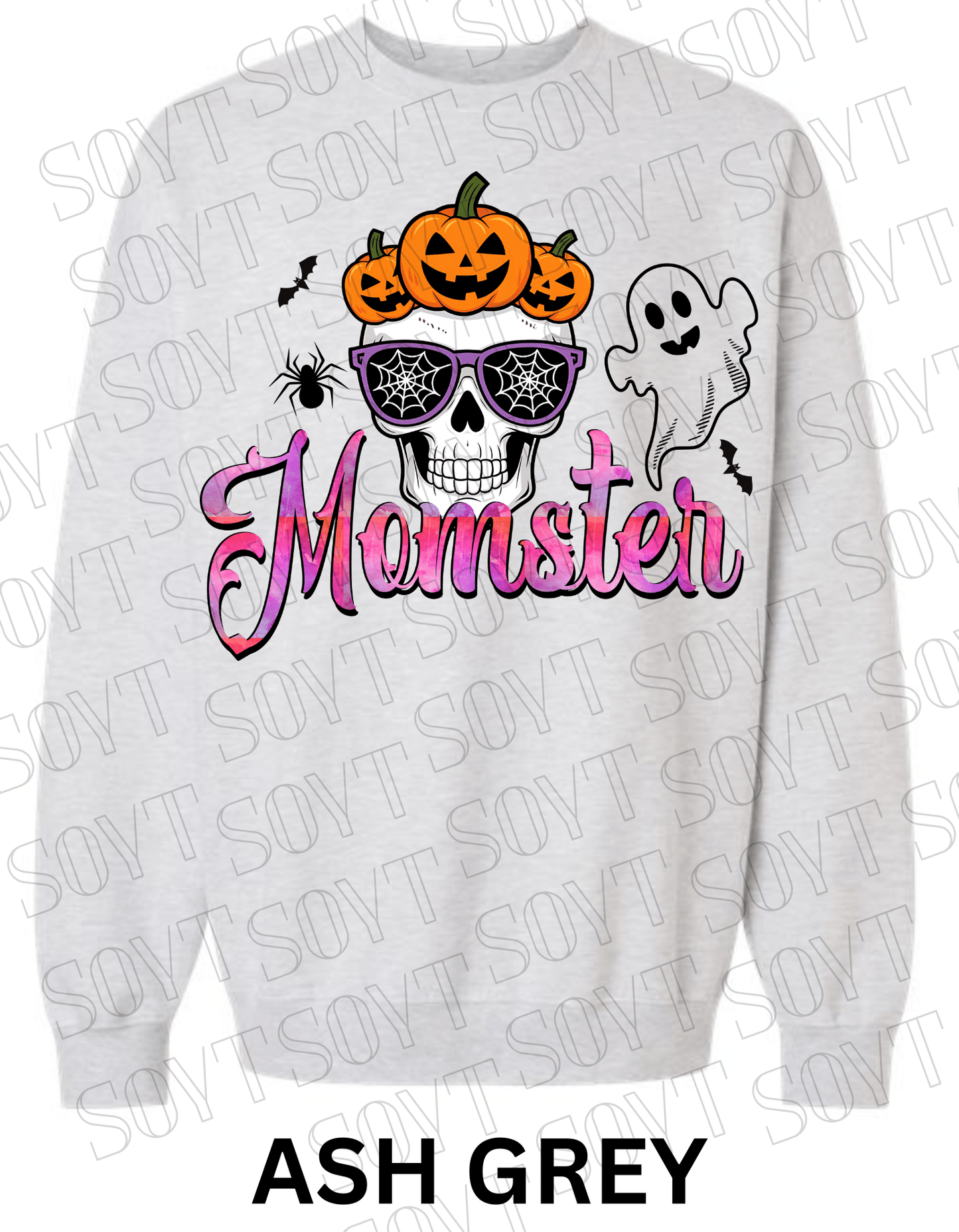 "Momster" Halloween Sweatshirt – Skull, Pumpkins, Ghost & Bat Graphic for Spooky Moms - Festive Apparel StoreAsh Grey