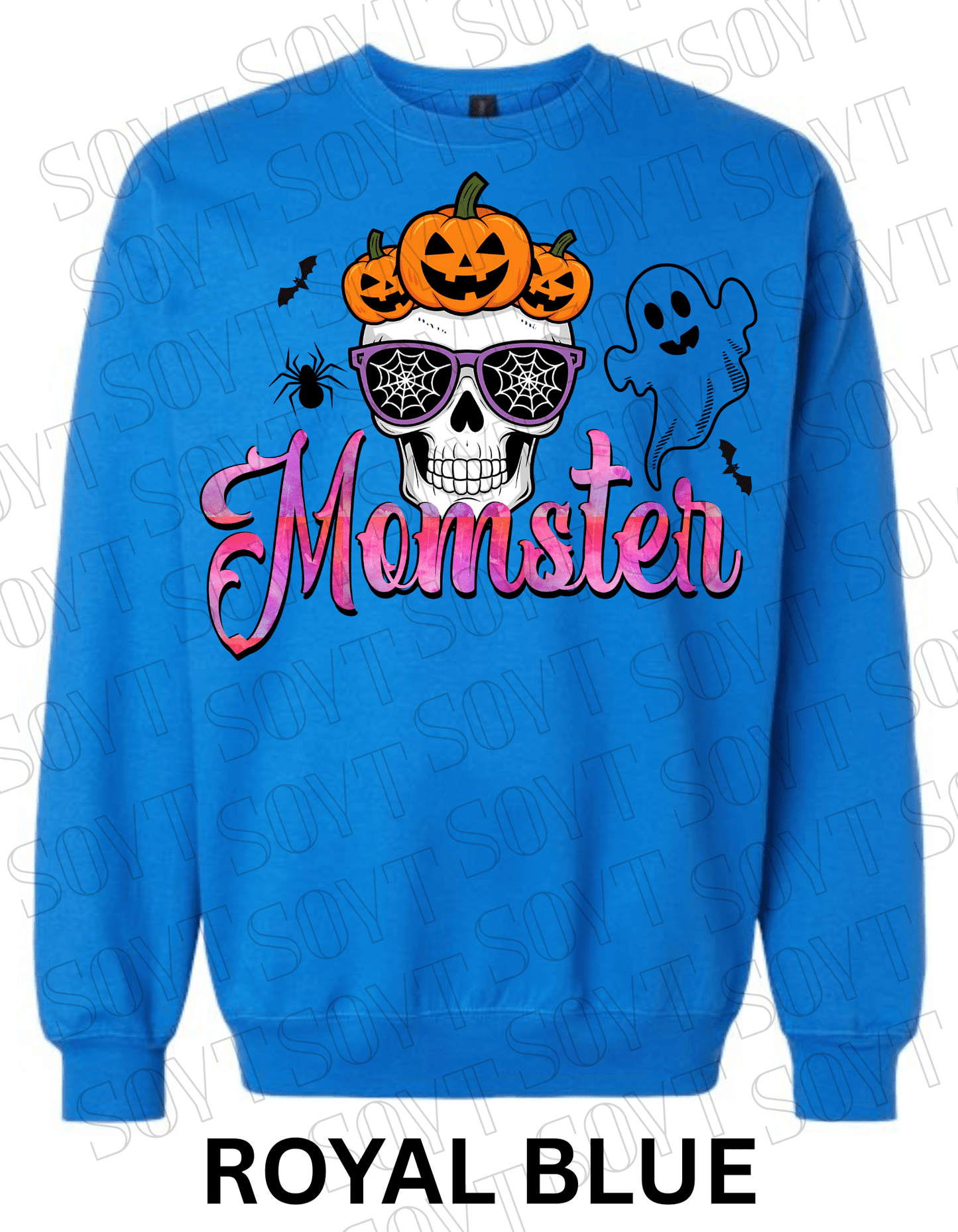 "Momster" Halloween Sweatshirt – Skull, Pumpkins, Ghost & Bat Graphic for Spooky Moms - Festive Apparel StoreRoyal Blue