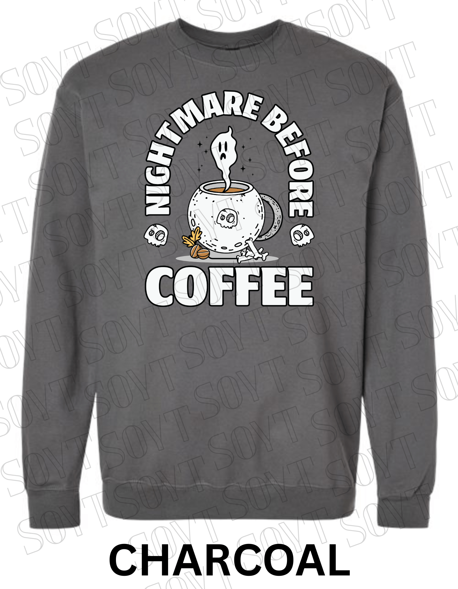 Nightmare Before Coffee Halloween Sweatshirt – Cauldron Mug with Ghost, Skulls & Bones Pullover - Festive Apparel StoreCharcoal