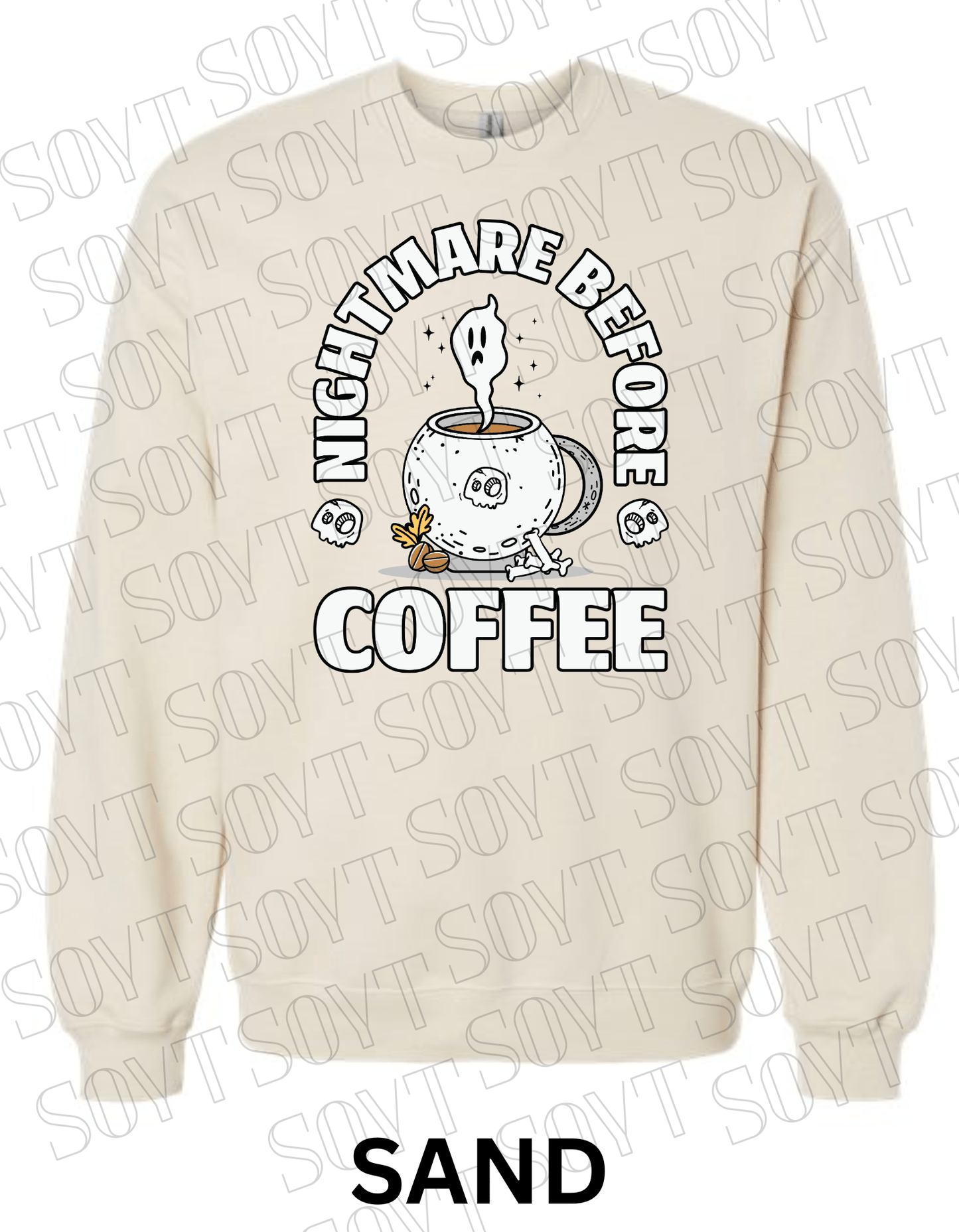 Nightmare Before Coffee Halloween Sweatshirt – Cauldron Mug with Ghost, Skulls & Bones Pullover - Festive Apparel StoreSand
