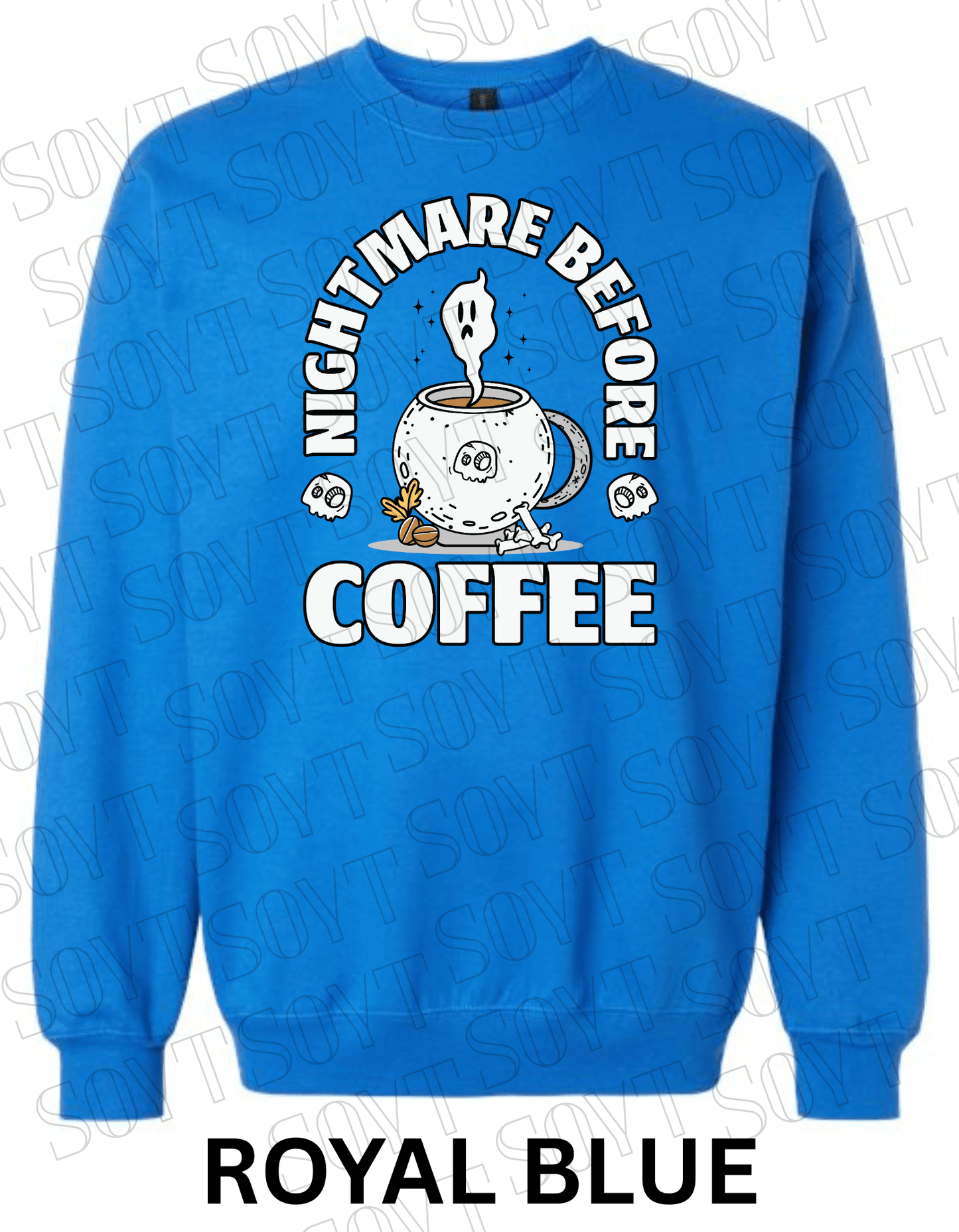 Nightmare Before Coffee Halloween Sweatshirt – Cauldron Mug with Ghost, Skulls & Bones Pullover - Festive Apparel StoreRoyal Blue