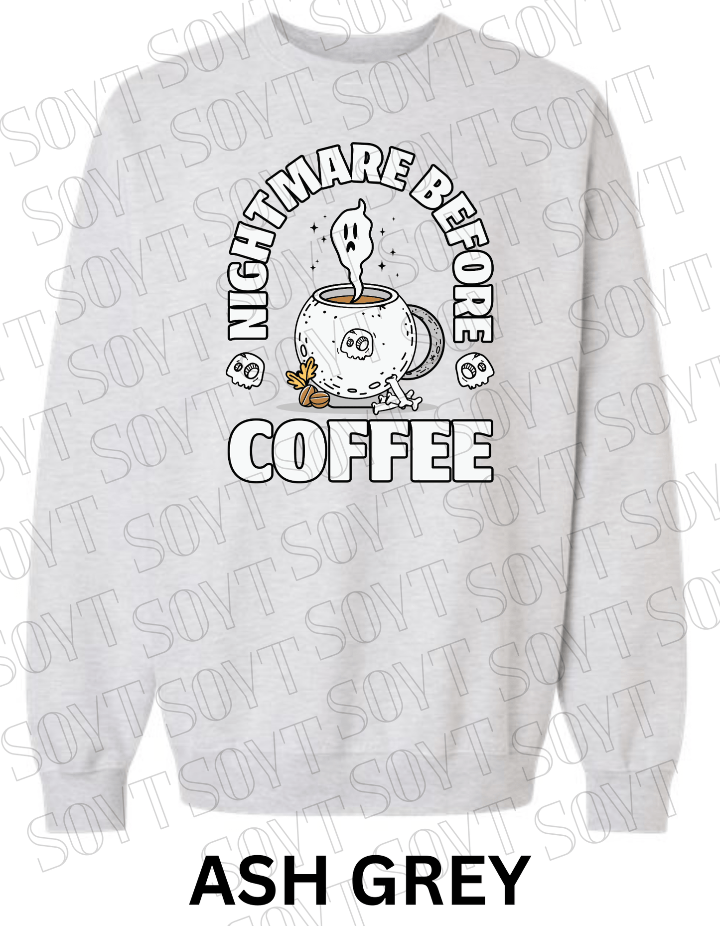 Nightmare Before Coffee Halloween Sweatshirt – Cauldron Mug with Ghost, Skulls & Bones Pullover - Festive Apparel StoreAsh Grey
