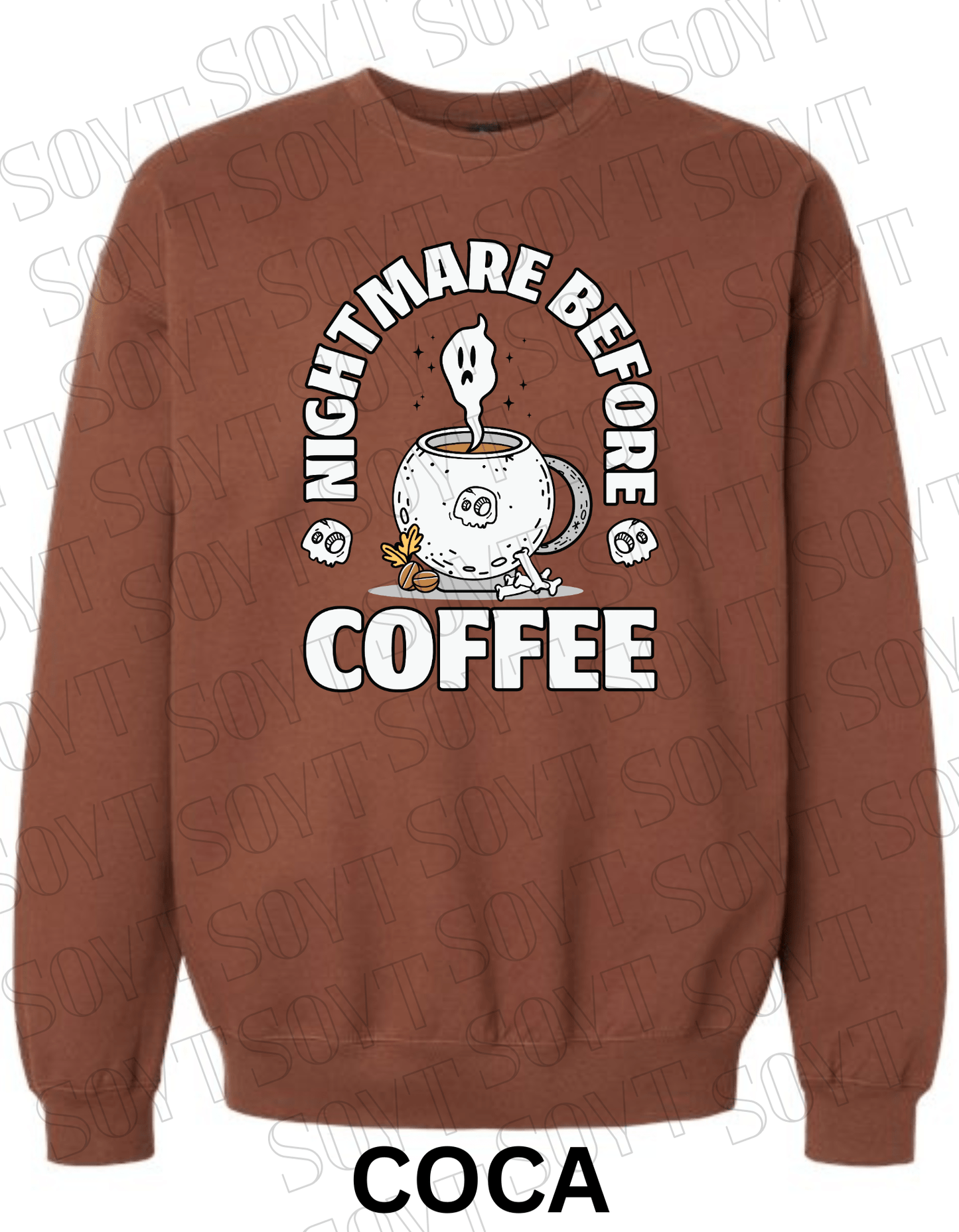 Nightmare Before Coffee Halloween Sweatshirt – Cauldron Mug with Ghost, Skulls & Bones Pullover - Festive Apparel StoreCocoa Brown