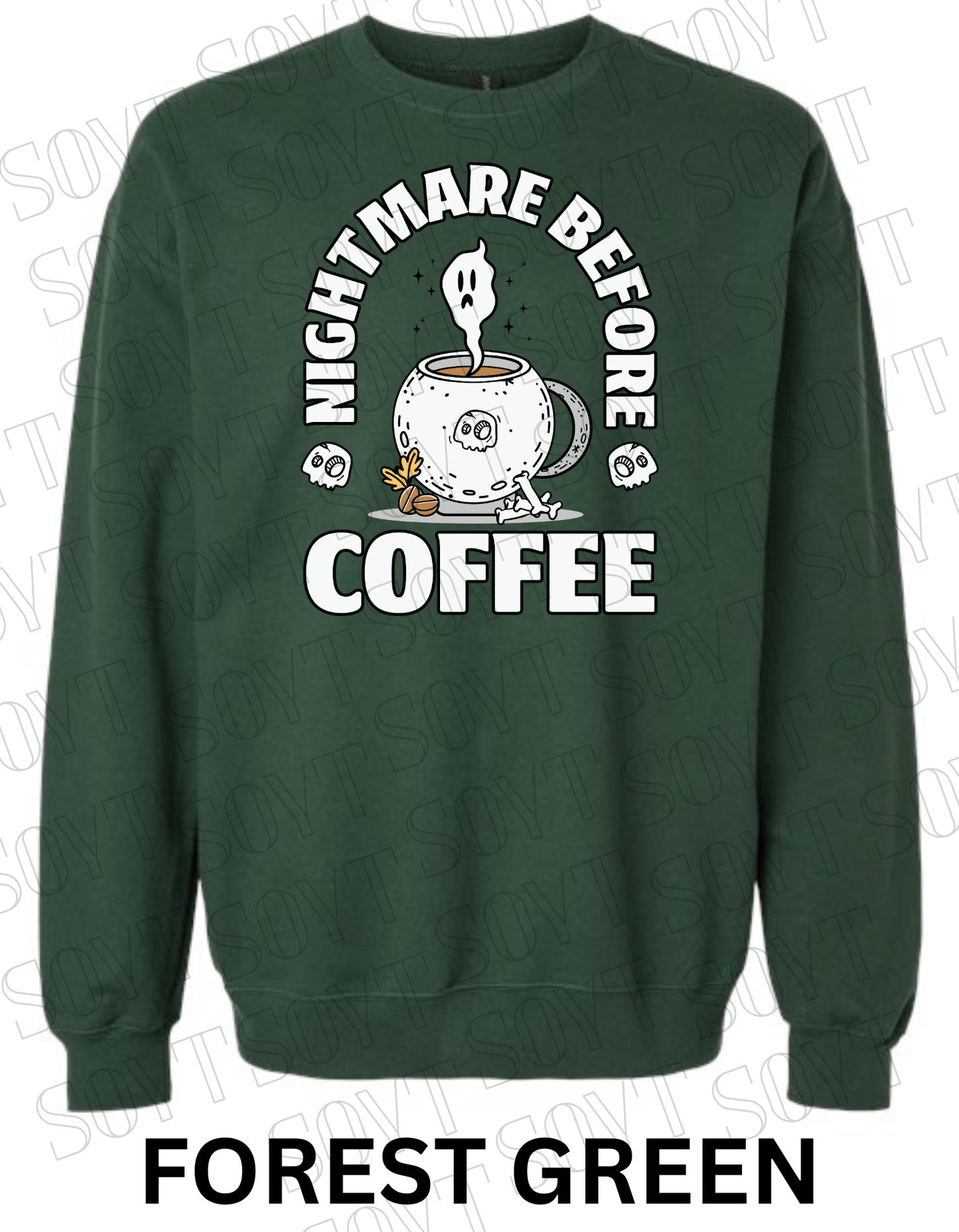 Nightmare Before Coffee Halloween Sweatshirt – Cauldron Mug with Ghost, Skulls & Bones Pullover - Festive Apparel StoreForest Green