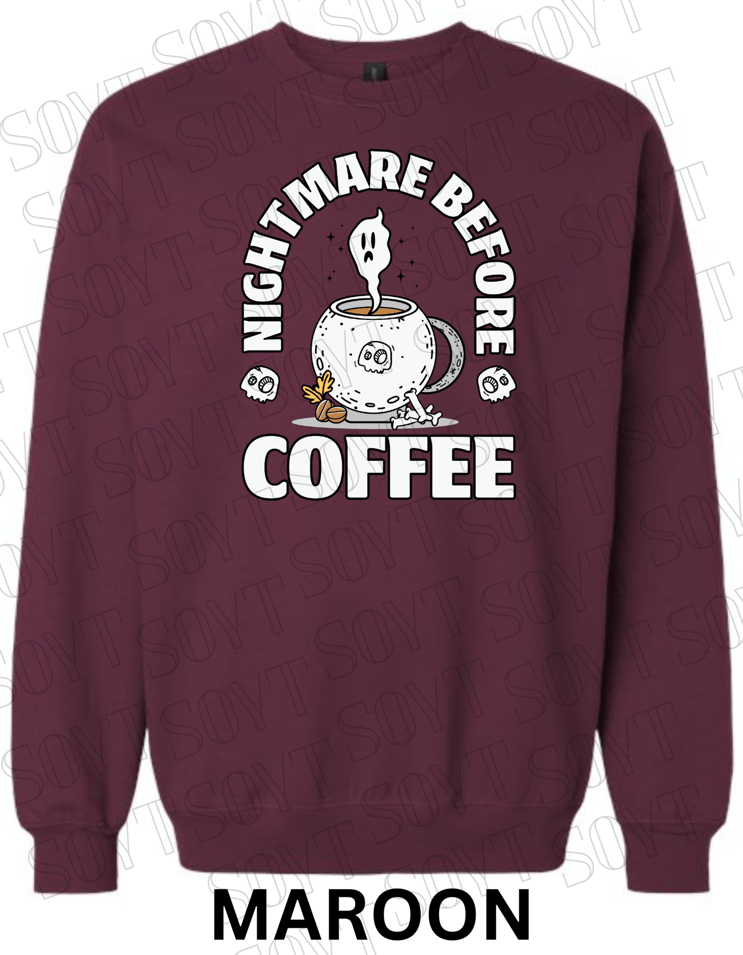 Nightmare Before Coffee Halloween Sweatshirt – Cauldron Mug with Ghost, Skulls & Bones Pullover - Festive Apparel StoreMaroon