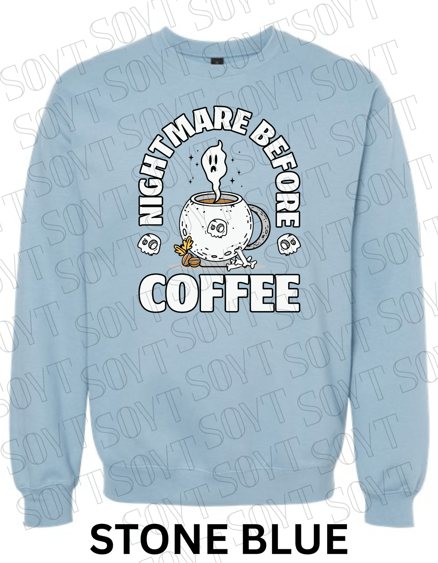 Nightmare Before Coffee Halloween Sweatshirt – Cauldron Mug with Ghost, Skulls & Bones Pullover - Festive Apparel StoreStone Blue