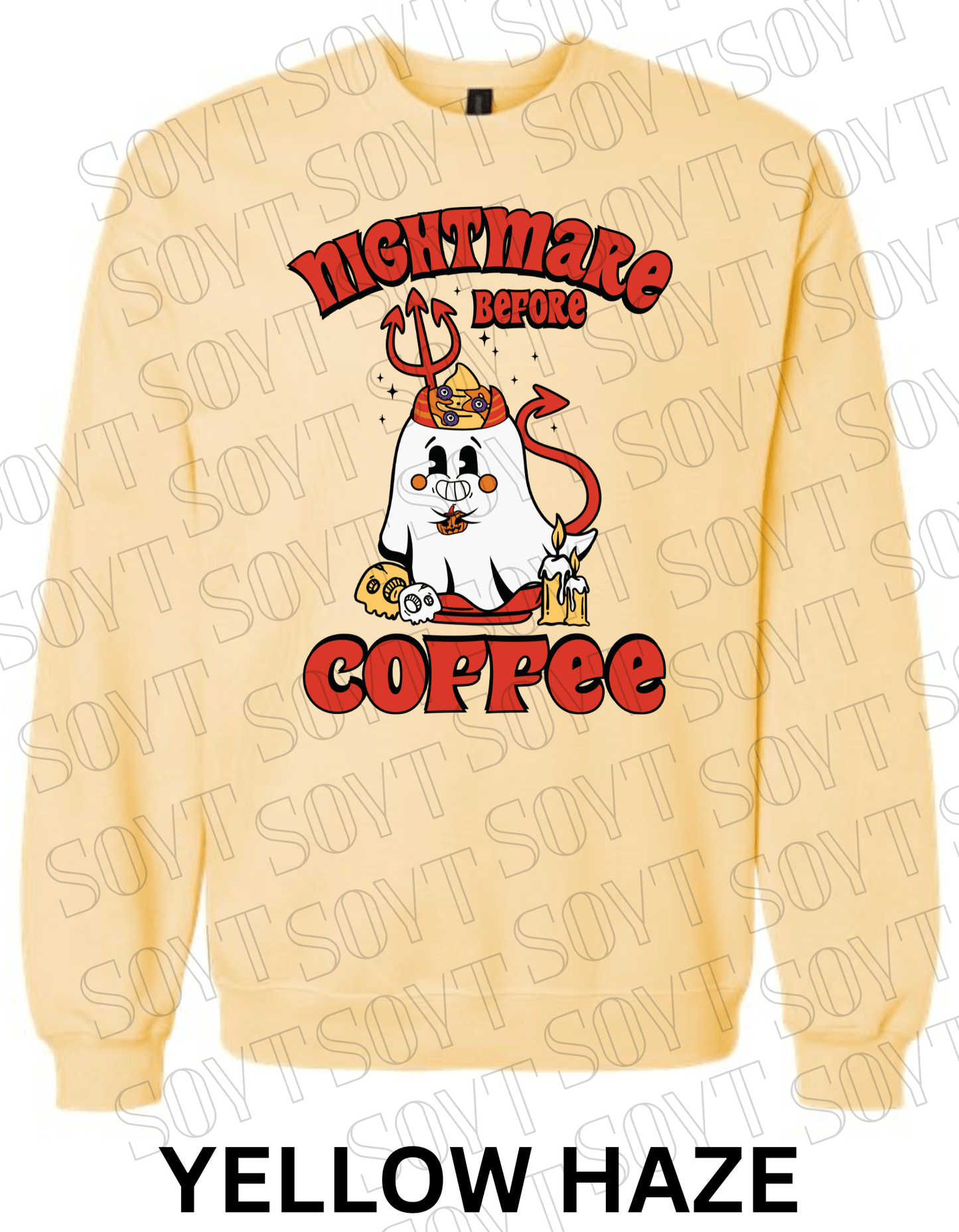 Nightmare Before Coffee Halloween Sweatshirt – Devil Ghost with Coffee Skulls & Retro Fall Candle Graphic Pullover - Festive Apparel StoreYellow Haze