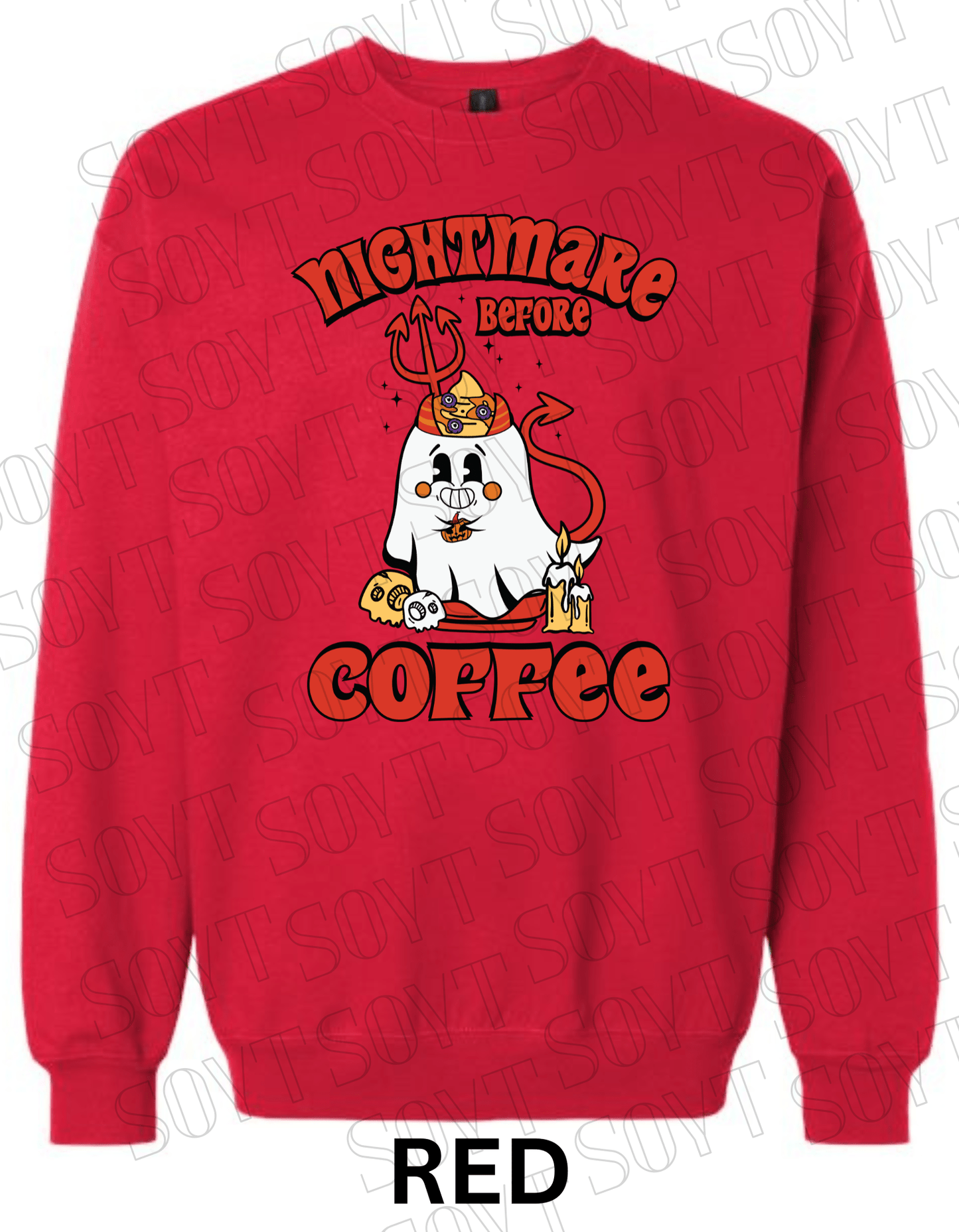 Nightmare Before Coffee Halloween Sweatshirt – Devil Ghost with Coffee Skulls & Retro Fall Candle Graphic Pullover - Festive Apparel StoreRed