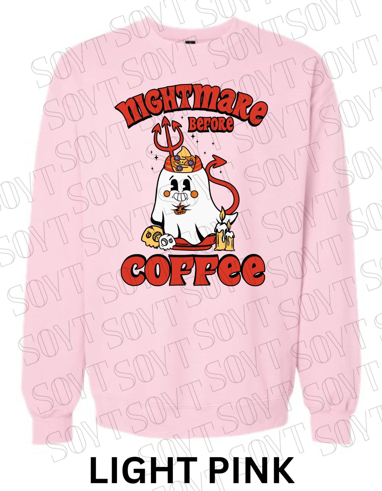 Nightmare Before Coffee Halloween Sweatshirt – Devil Ghost with Coffee Skulls & Retro Fall Candle Graphic Pullover - Festive Apparel StoreLight Pink