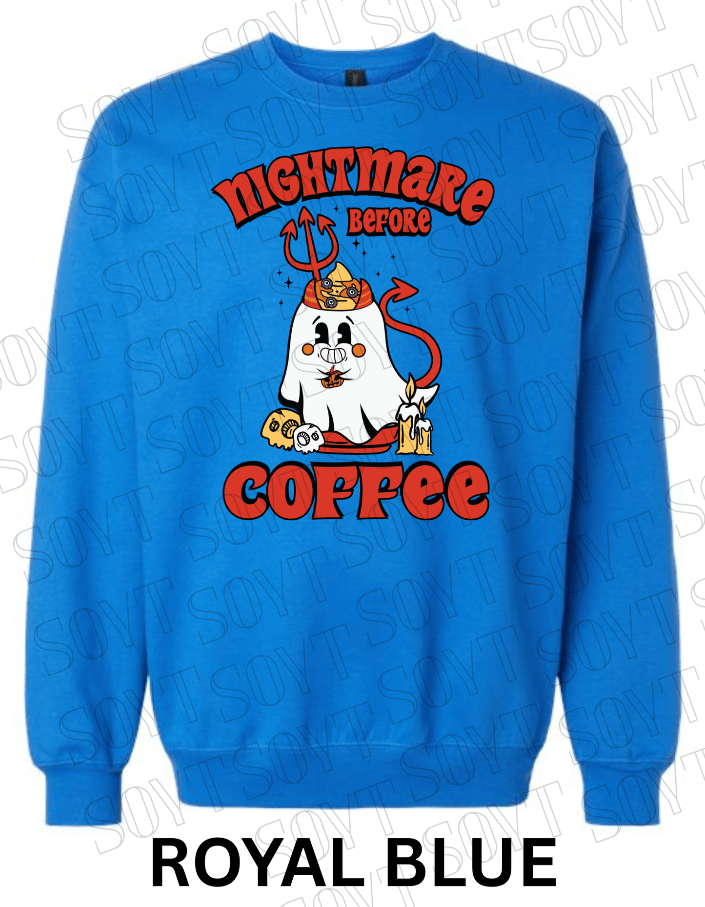 Nightmare Before Coffee Halloween Sweatshirt – Devil Ghost with Coffee Skulls & Retro Fall Candle Graphic Pullover - Festive Apparel StoreRoyal Blue