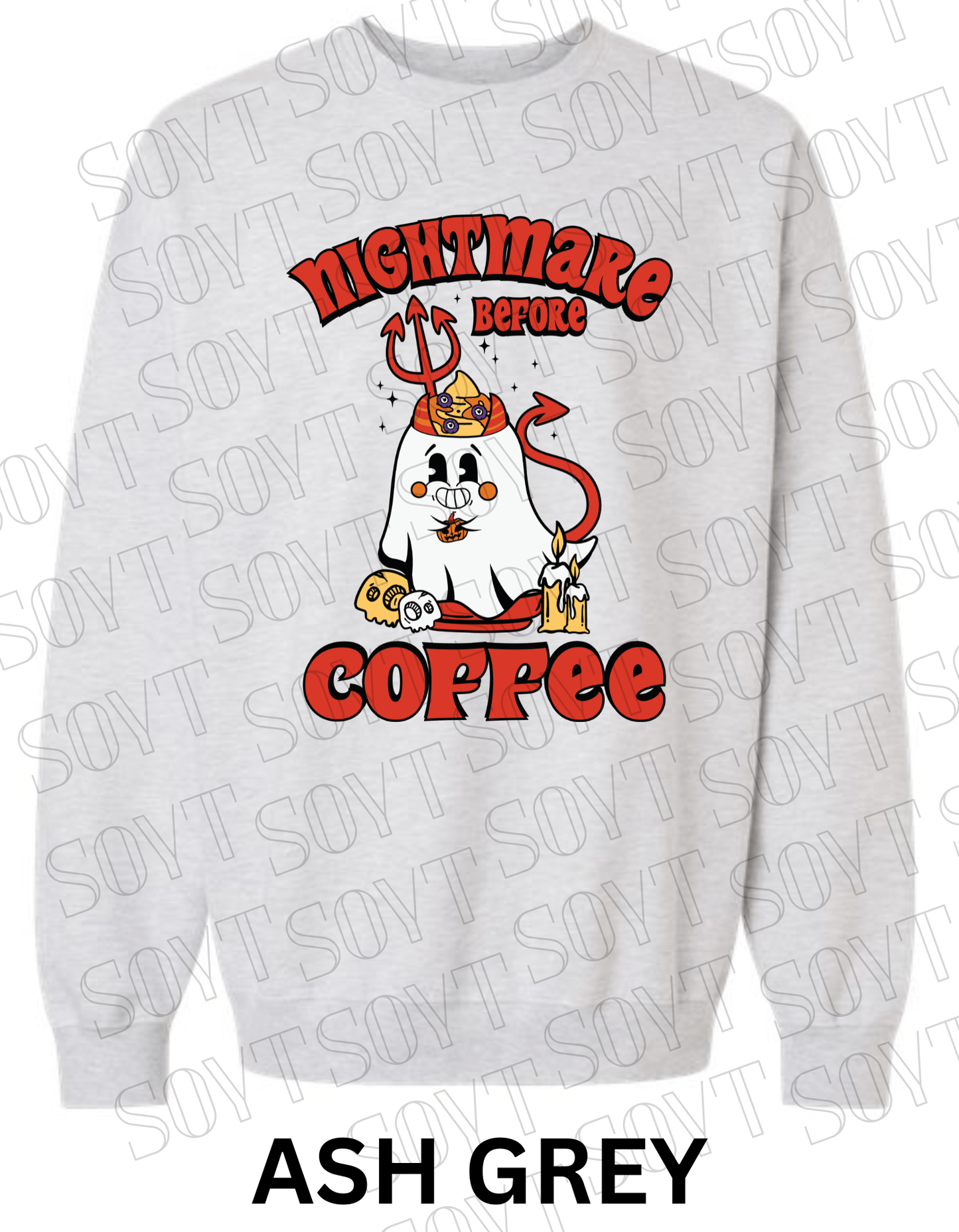 Nightmare Before Coffee Halloween Sweatshirt – Devil Ghost with Coffee Skulls & Retro Fall Candle Graphic Pullover - Festive Apparel StoreAsh Grey