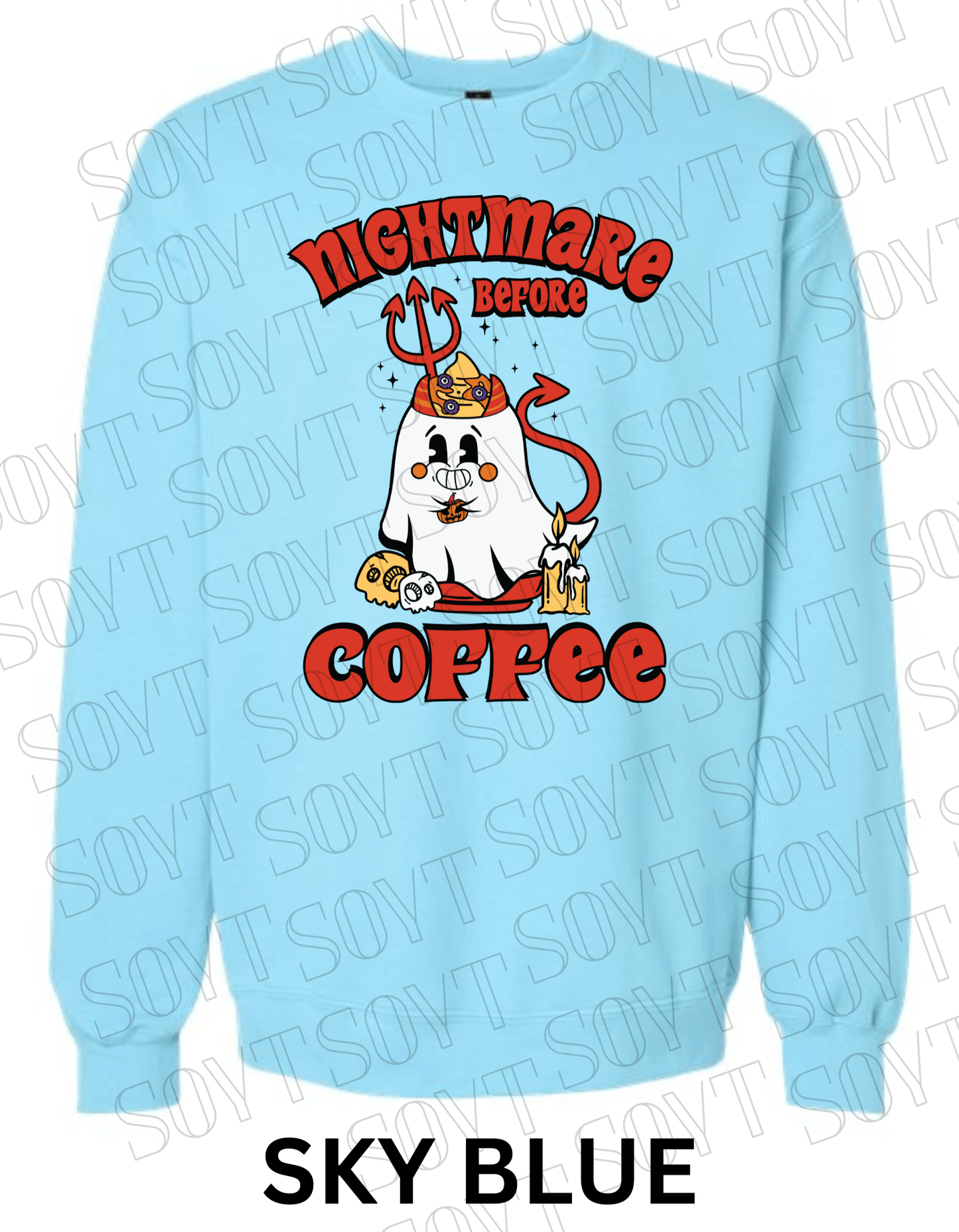 Nightmare Before Coffee Halloween Sweatshirt – Devil Ghost with Coffee Skulls & Retro Fall Candle Graphic Pullover - Festive Apparel StoreSky Blue