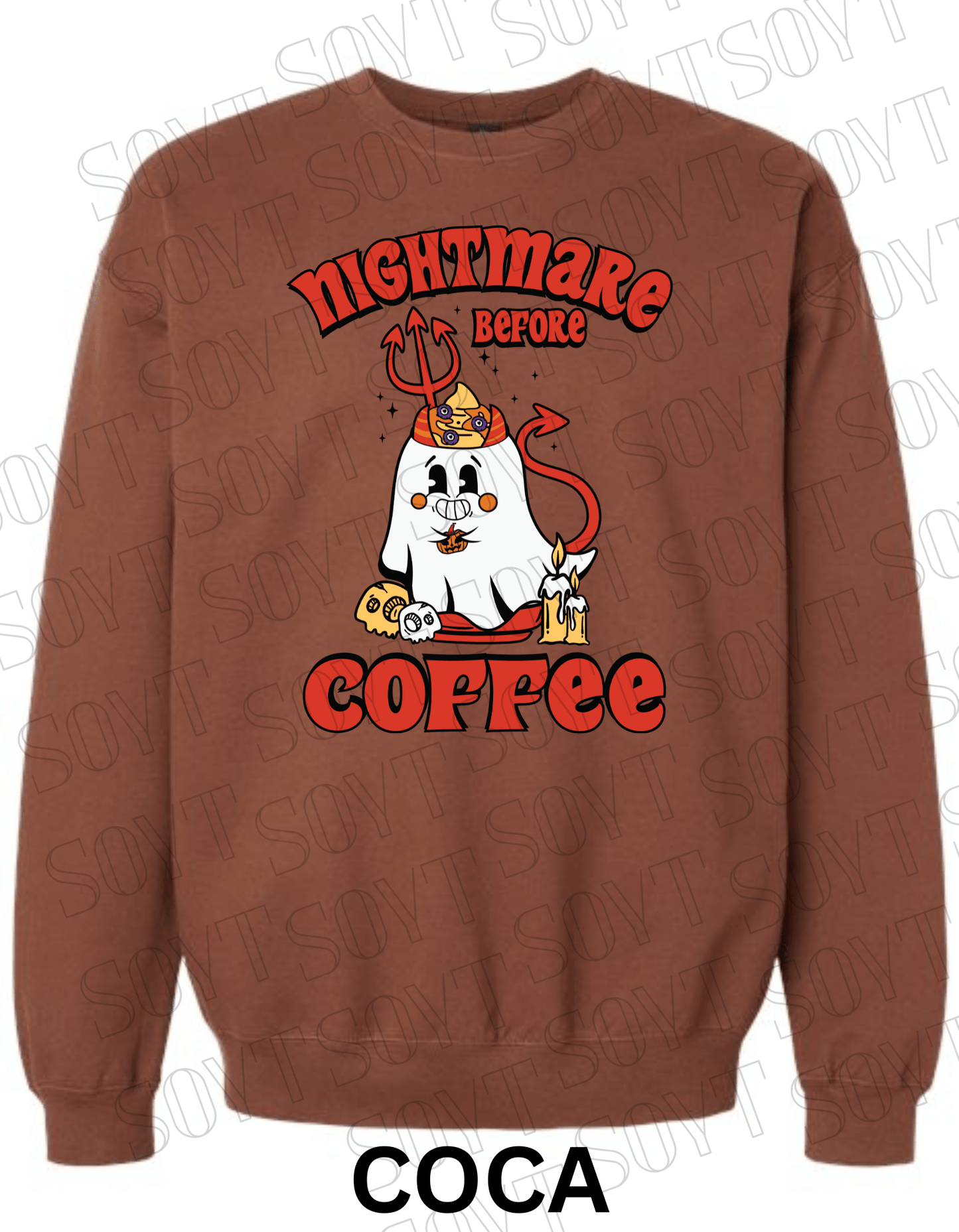 Nightmare Before Coffee Halloween Sweatshirt – Devil Ghost with Coffee Skulls & Retro Fall Candle Graphic Pullover - Festive Apparel StoreCocoa Brown