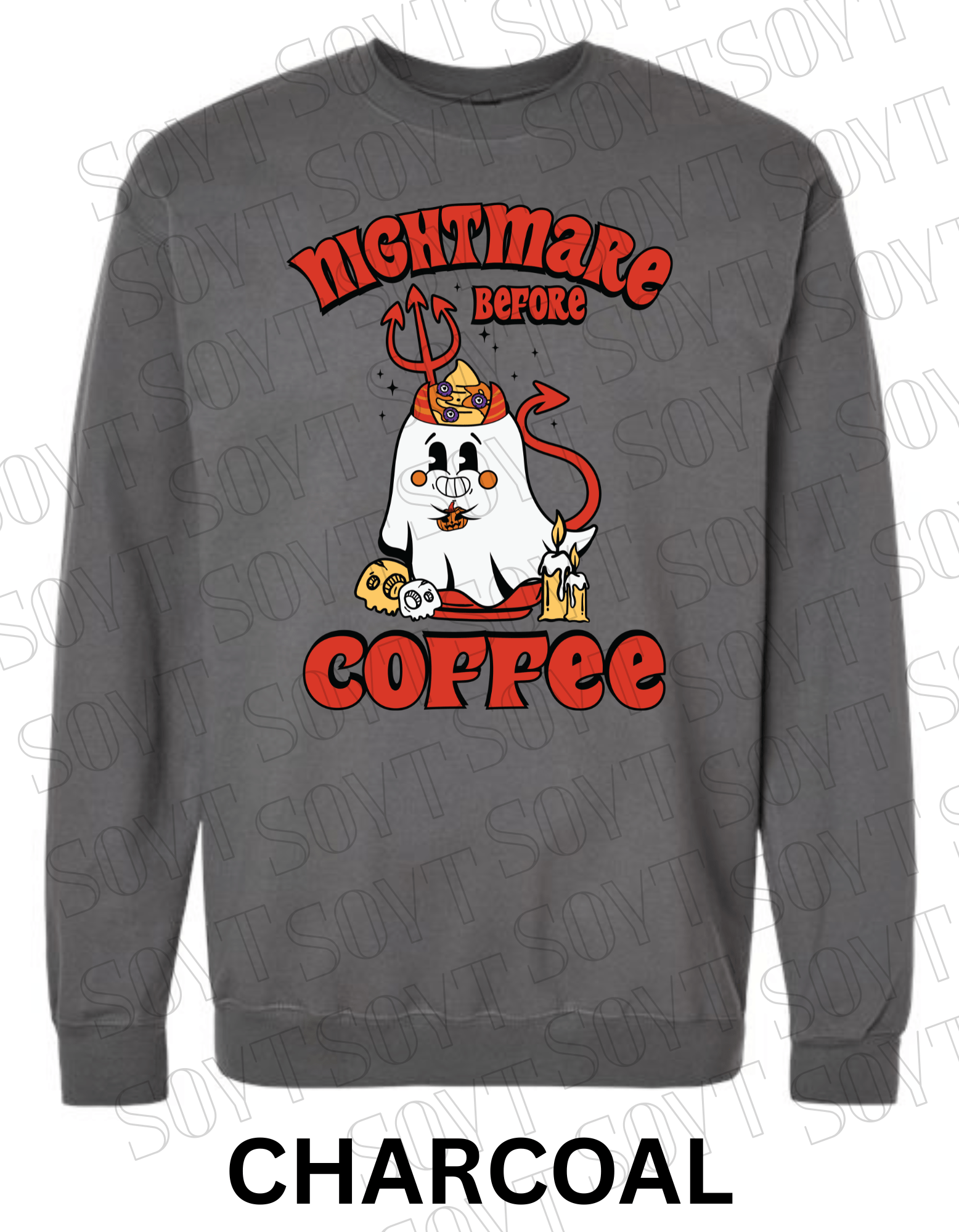 Nightmare Before Coffee Halloween Sweatshirt – Devil Ghost with Coffee Skulls & Retro Fall Candle Graphic Pullover - Festive Apparel StoreCharcoal