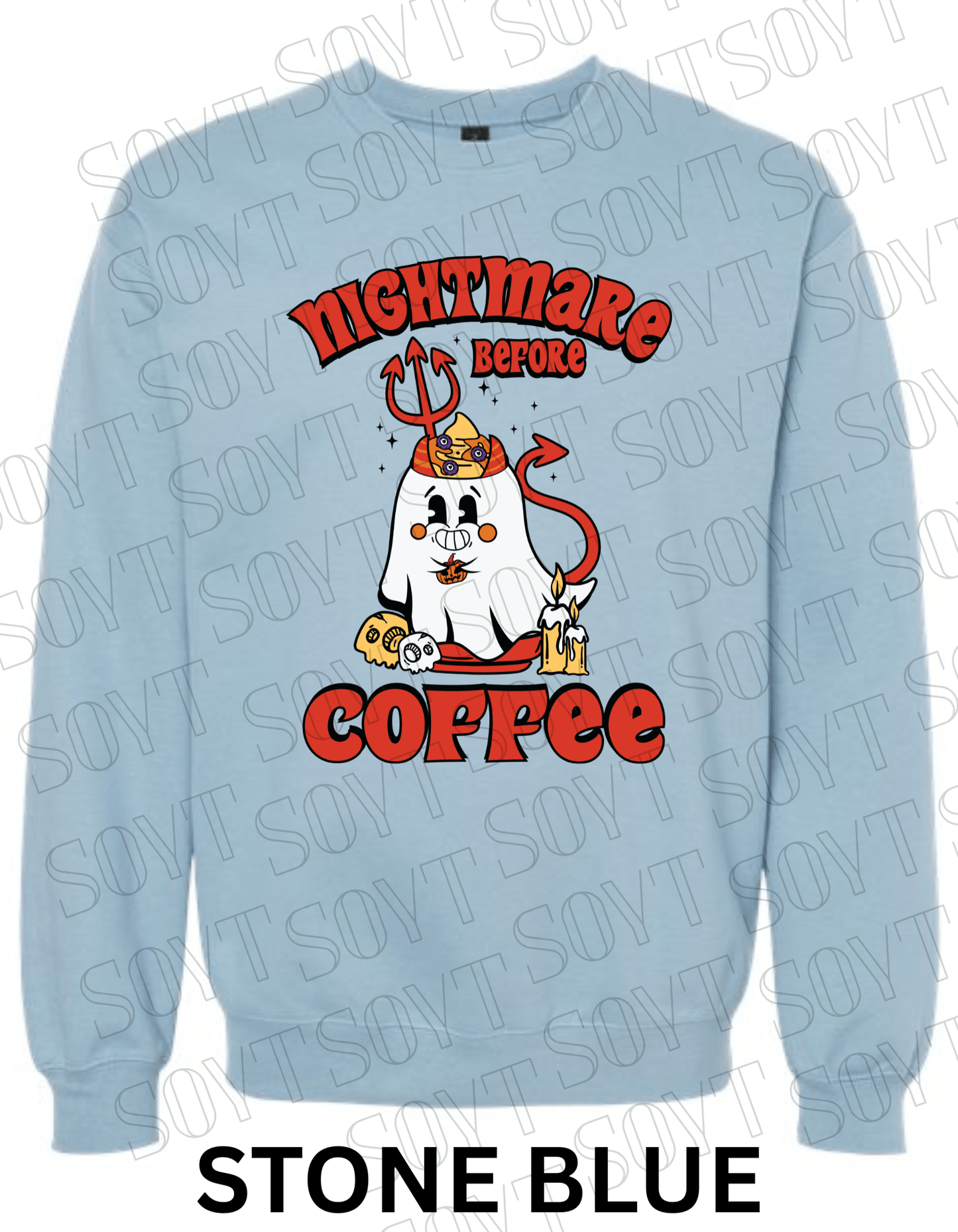 Nightmare Before Coffee Halloween Sweatshirt – Devil Ghost with Coffee Skulls & Retro Fall Candle Graphic Pullover - Festive Apparel StoreStone Blue