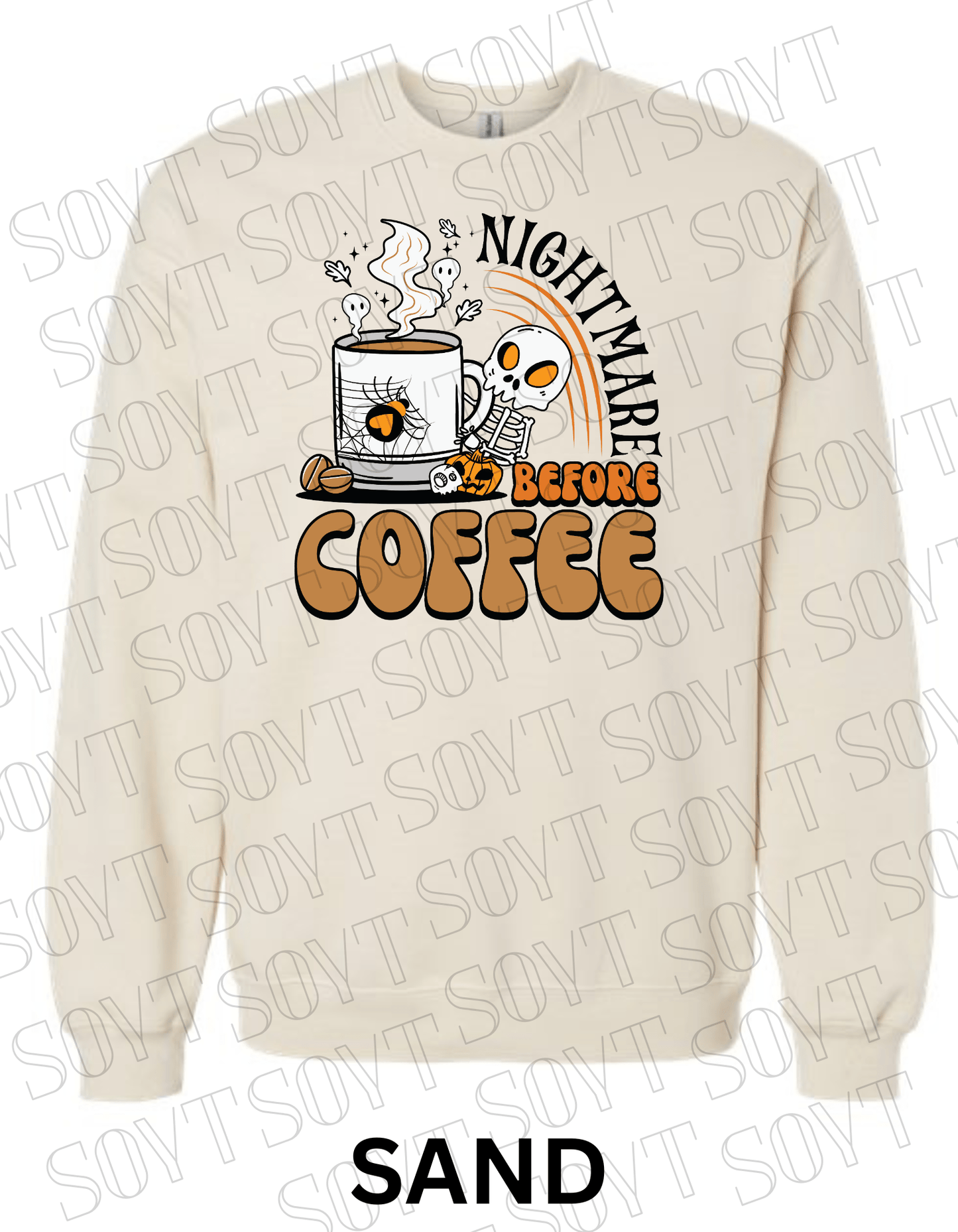 Nightmare Before Coffee Halloween Sweatshirt – Skeleton Mug with Ghost Steam & Spiderweb Heart Fleece Pullover - Festive Apparel StoreSand