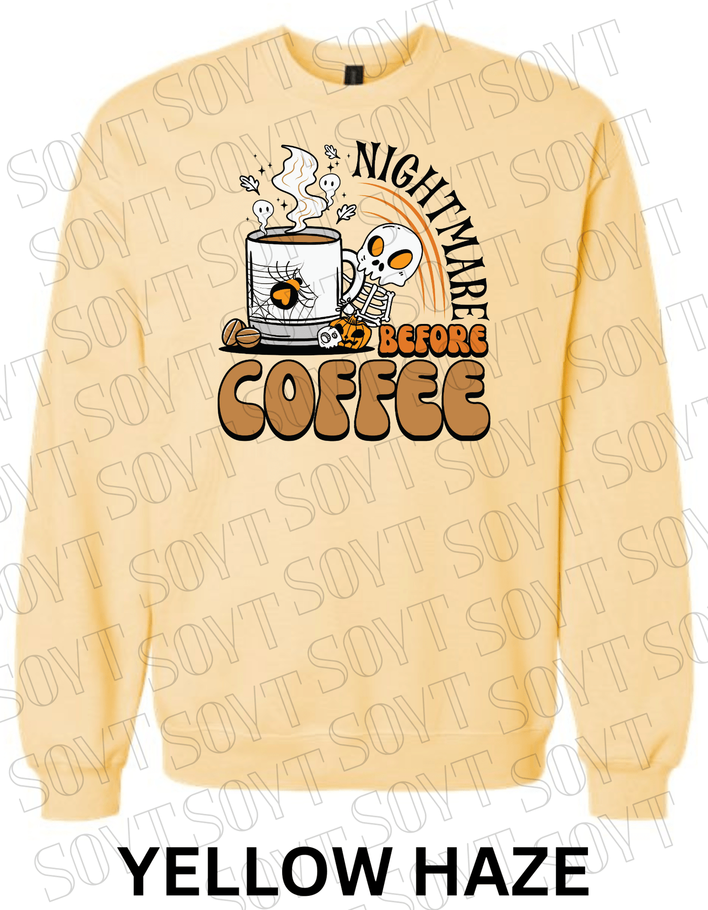 Nightmare Before Coffee Halloween Sweatshirt – Skeleton Mug with Ghost Steam & Spiderweb Heart Fleece Pullover - Festive Apparel StoreYellow Haze