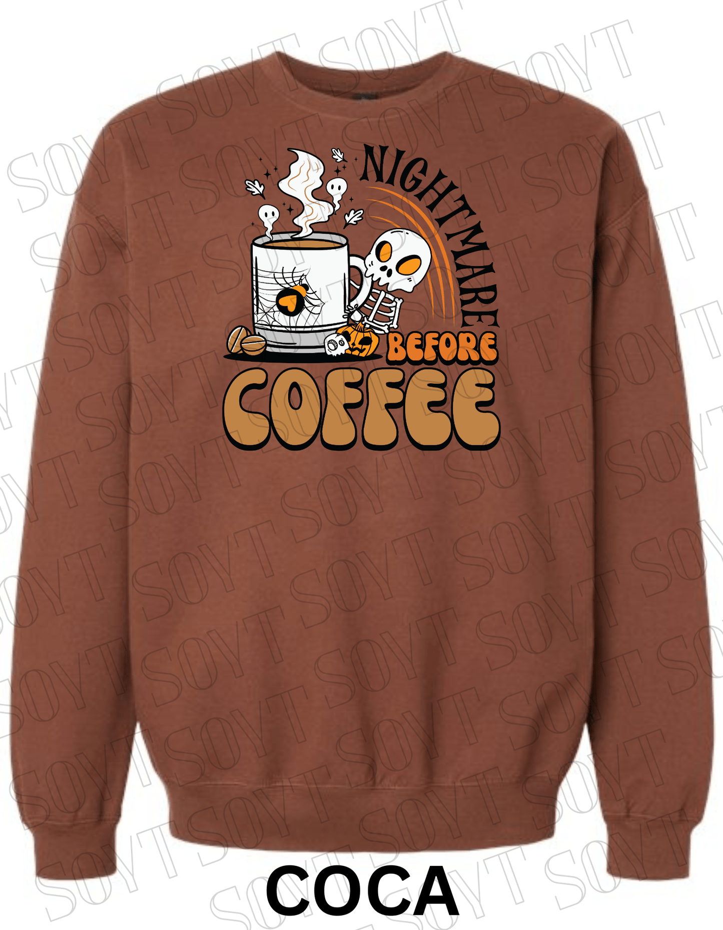 Nightmare Before Coffee Halloween Sweatshirt – Skeleton Mug with Ghost Steam & Spiderweb Heart Fleece Pullover - Festive Apparel StoreCocoa Brown