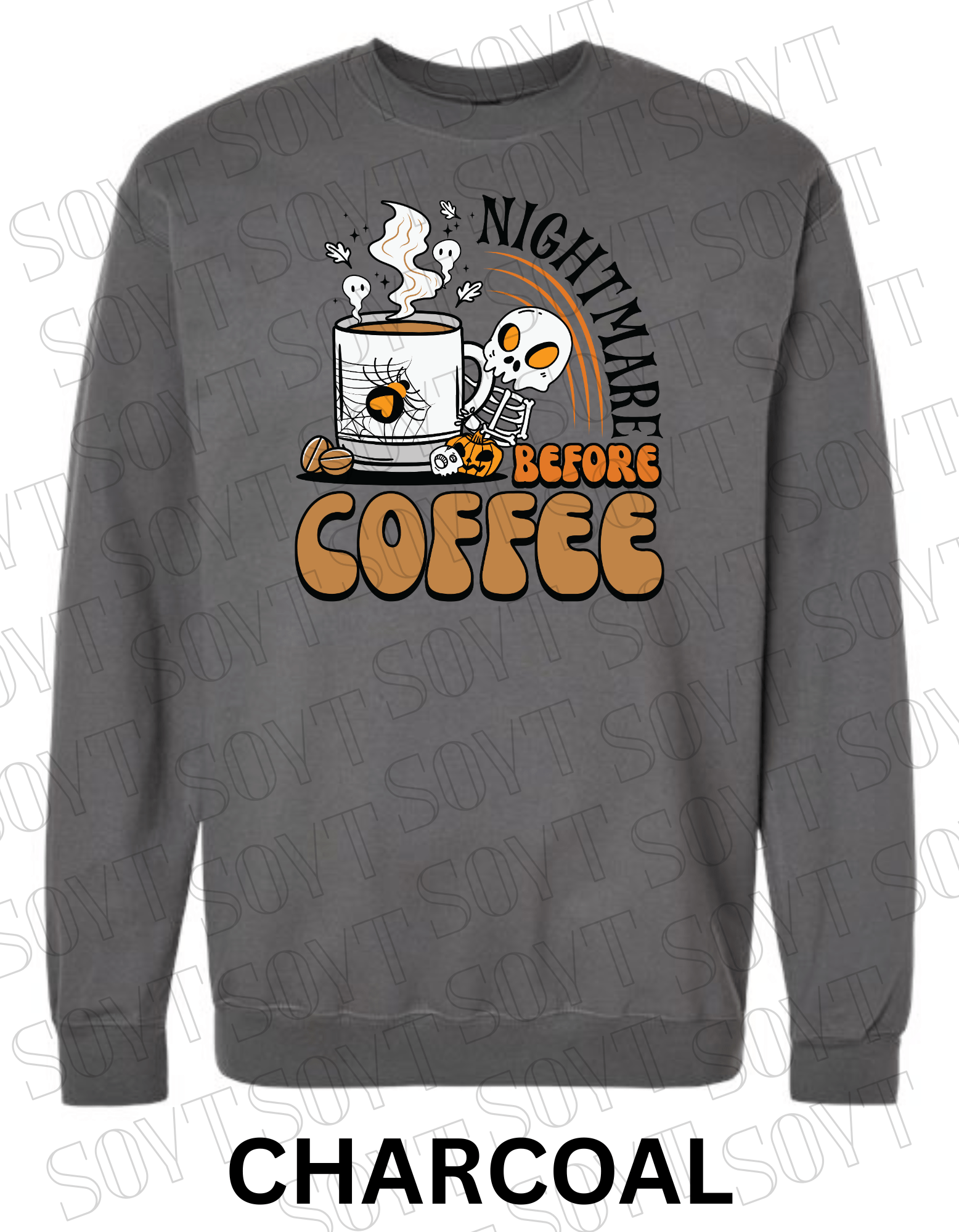 Nightmare Before Coffee Halloween Sweatshirt – Skeleton Mug with Ghost Steam & Spiderweb Heart Fleece Pullover - Festive Apparel StoreCharcoal