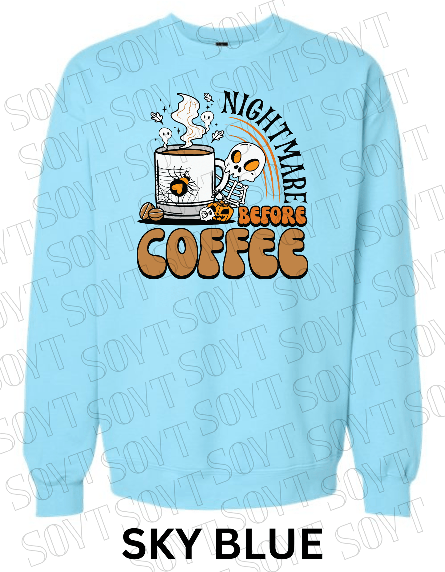 Nightmare Before Coffee Halloween Sweatshirt – Skeleton Mug with Ghost Steam & Spiderweb Heart Fleece Pullover - Festive Apparel StoreSky Blue