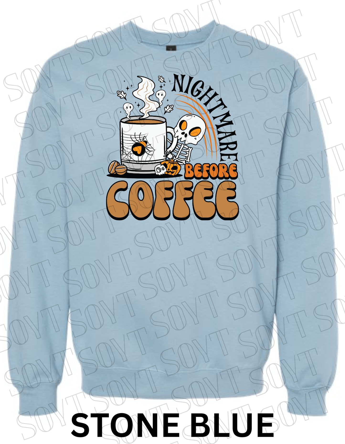 Nightmare Before Coffee Halloween Sweatshirt – Skeleton Mug with Ghost Steam & Spiderweb Heart Fleece Pullover - Festive Apparel StoreStone Blue