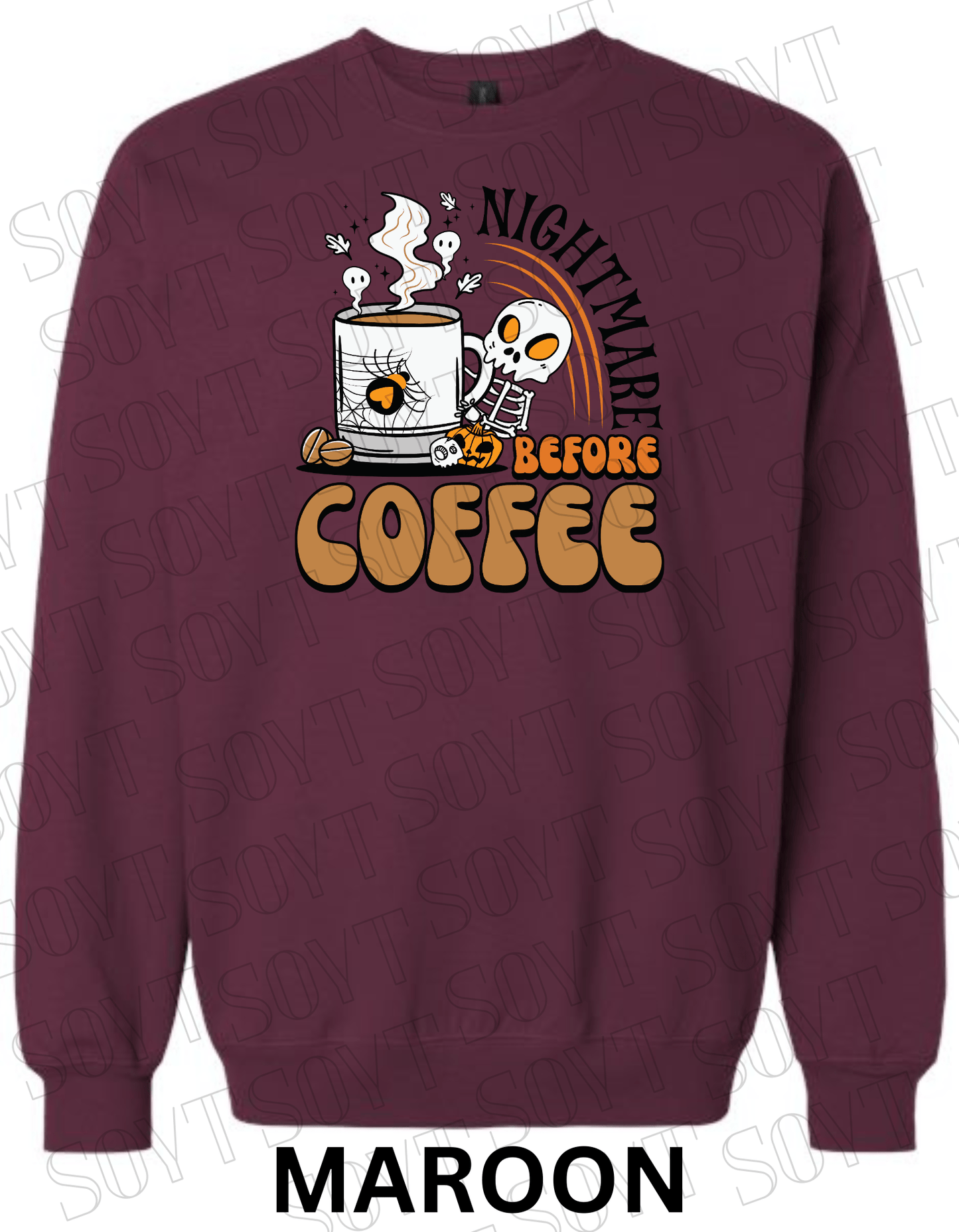 Nightmare Before Coffee Halloween Sweatshirt – Skeleton Mug with Ghost Steam & Spiderweb Heart Fleece Pullover - Festive Apparel StoreMaroon