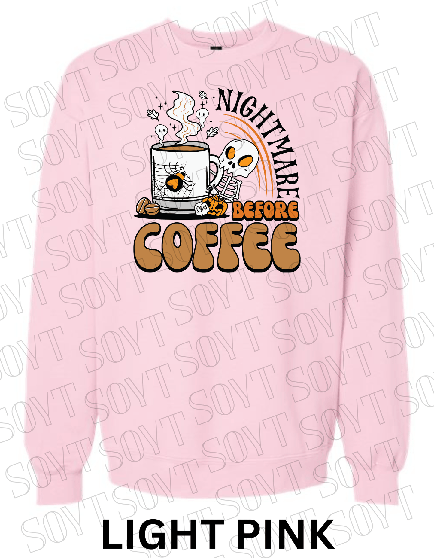 Nightmare Before Coffee Halloween Sweatshirt – Skeleton Mug with Ghost Steam & Spiderweb Heart Fleece Pullover - Festive Apparel StoreLight Pink