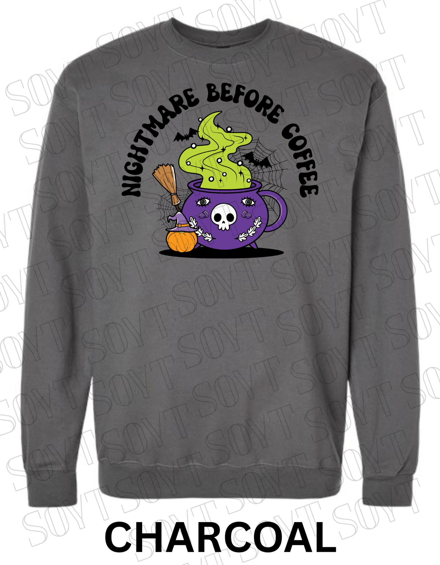 Nightmare Before Coffee Halloween Sweatshirt – Witch Cauldron Mug with Green Brew, Bats & Pumpkin Graphic Pullover - Festive Apparel StoreCharcoal