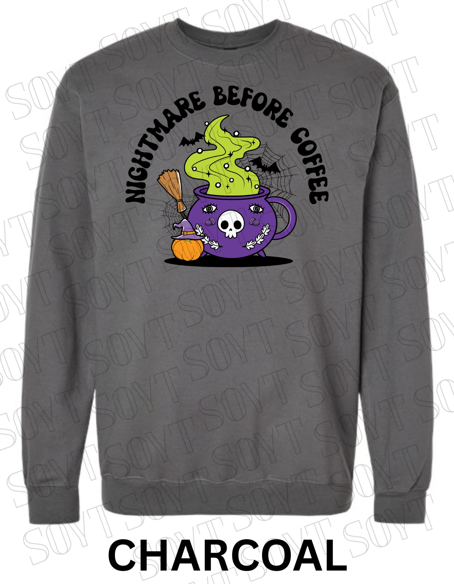 Nightmare Before Coffee Halloween Sweatshirt – Witch Cauldron Mug with Green Brew, Bats & Pumpkin Graphic Pullover - Festive Apparel StoreCharcoal