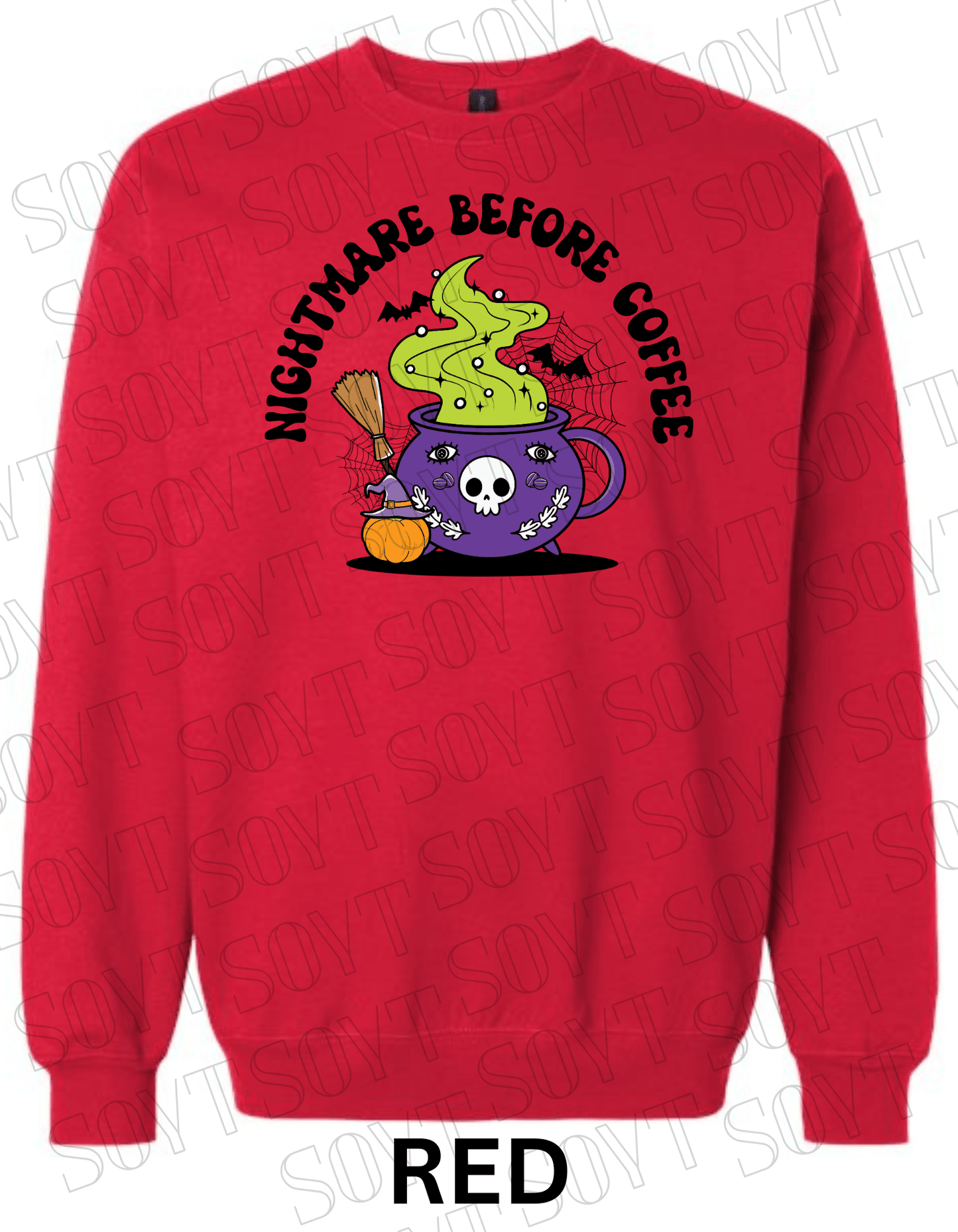 Nightmare Before Coffee Halloween Sweatshirt – Witch Cauldron Mug with Green Brew, Bats & Pumpkin Graphic Pullover - Festive Apparel StoreRed