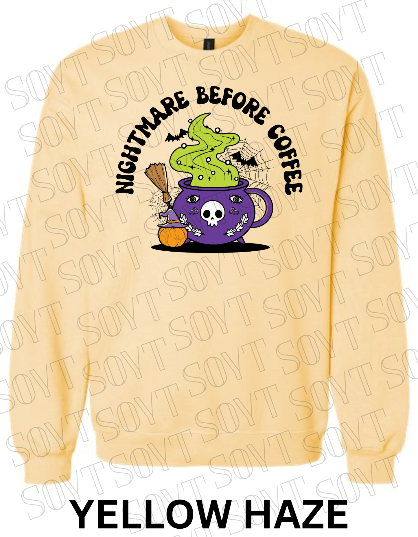 Nightmare Before Coffee Halloween Sweatshirt – Witch Cauldron Mug with Green Brew, Bats & Pumpkin Graphic Pullover - Festive Apparel StoreYellow Haze