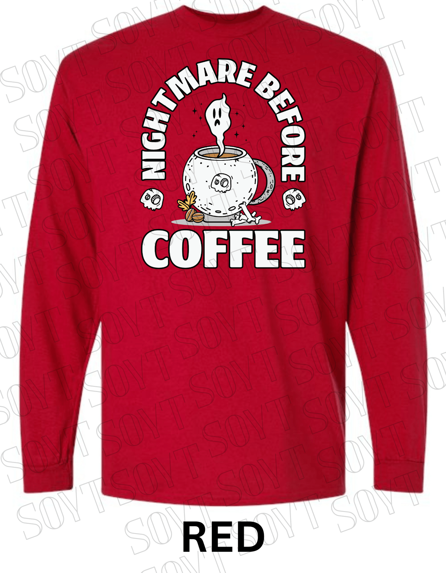 Nightmare Before Coffee Long Sleeve – Ghost Cauldron Mug Halloween Shirt with Skulls and Bones - Festive Apparel StoreRed