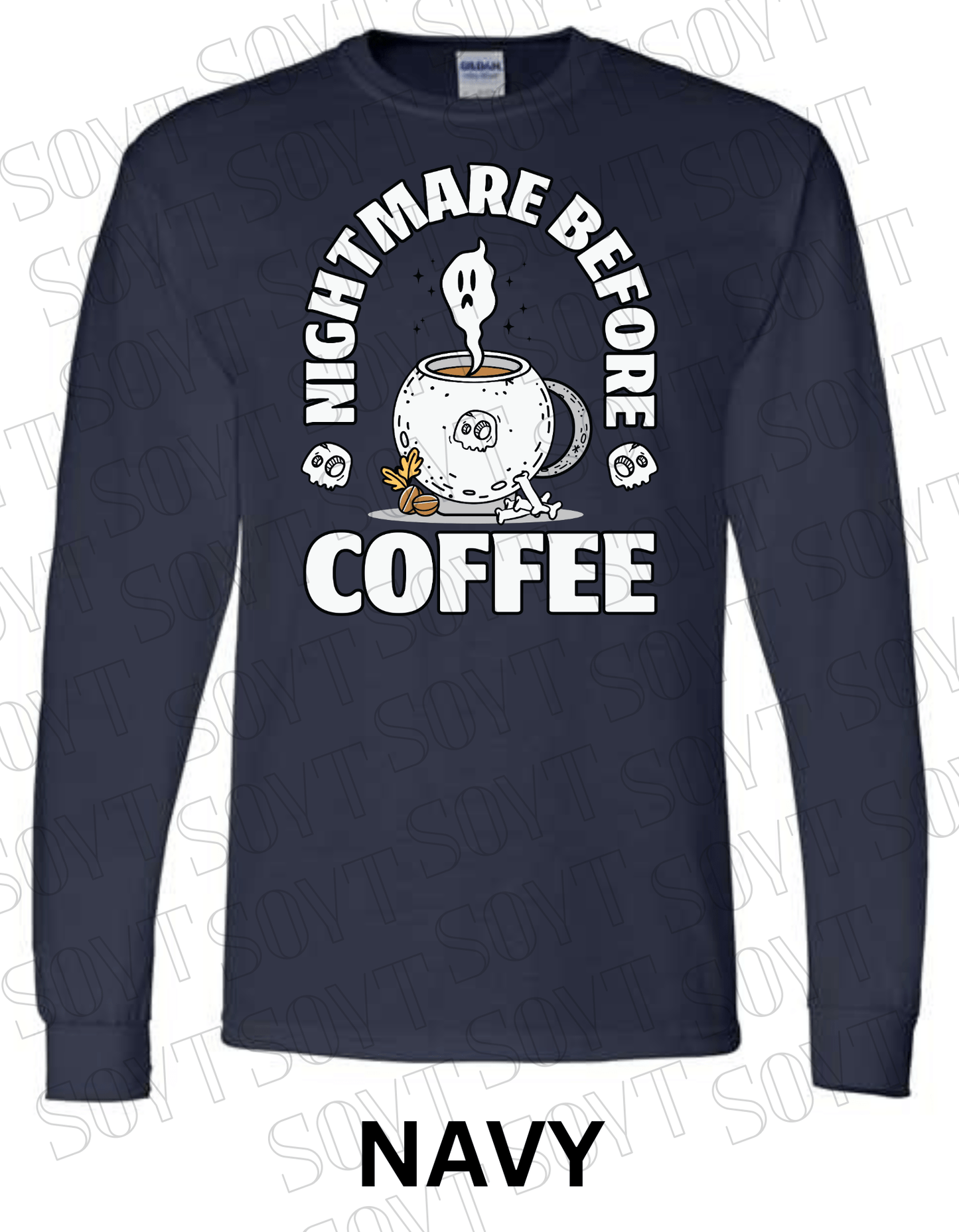 Nightmare Before Coffee Long Sleeve – Ghost Cauldron Mug Halloween Shirt with Skulls and Bones - Festive Apparel StoreNavy Blue