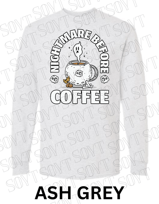 Nightmare Before Coffee Long Sleeve – Ghost Cauldron Mug Halloween Shirt with Skulls and Bones - Festive Apparel StoreAsh Gray