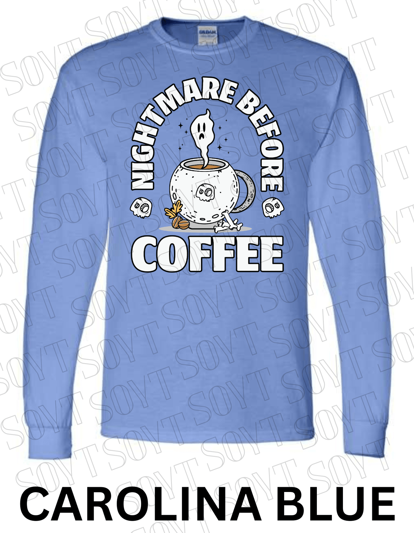Nightmare Before Coffee Long Sleeve – Ghost Cauldron Mug Halloween Shirt with Skulls and Bones - Festive Apparel StoreCarolina Blue