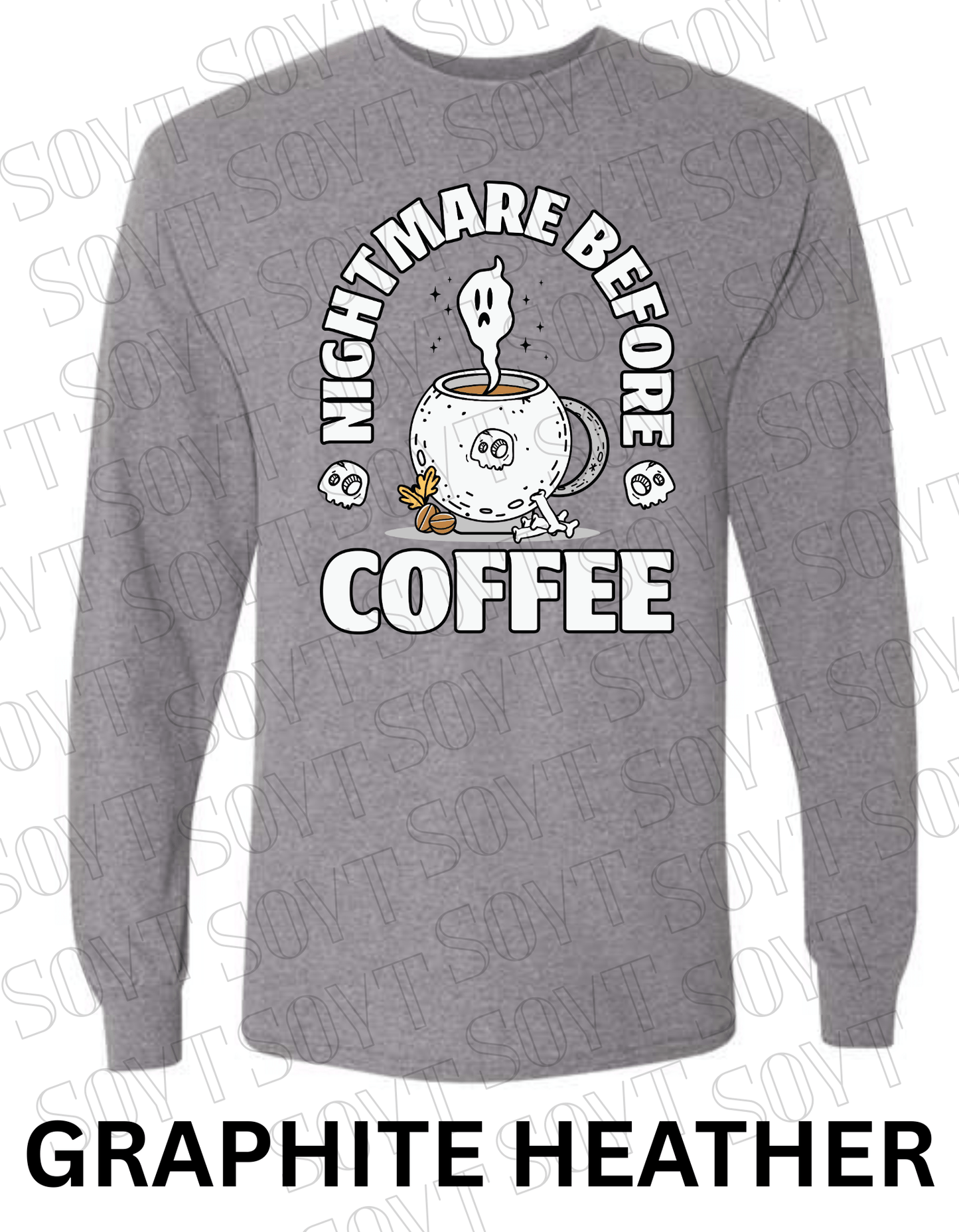 Nightmare Before Coffee Long Sleeve – Ghost Cauldron Mug Halloween Shirt with Skulls and Bones - Festive Apparel StoreGraphite Heather